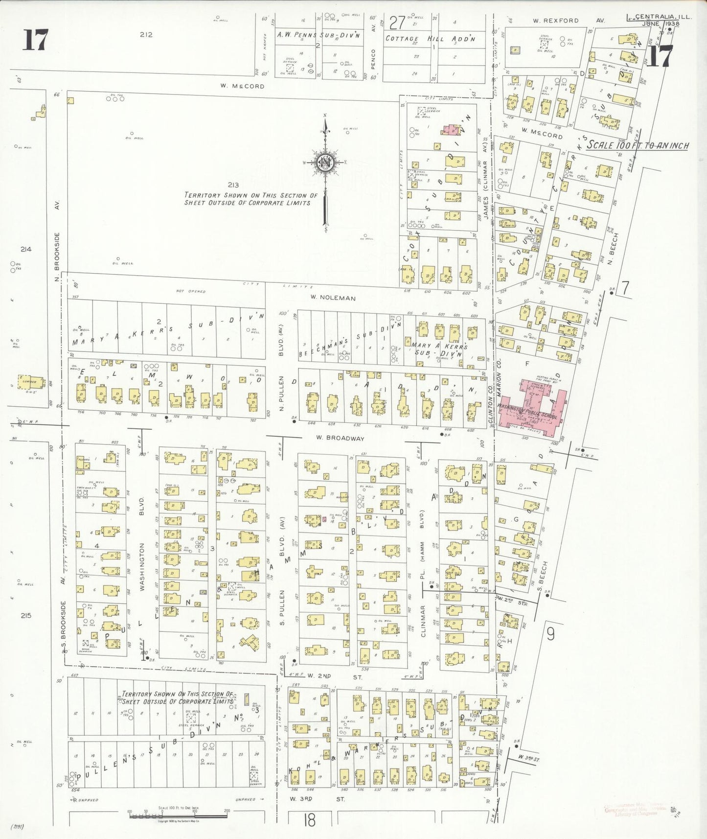 Sanborn Fire Insurance Map from Centralia, Marion, Clinton, Jefferson, and Washington Counties, Illinois (1938), Sheet #0017 - Historic Sanborn Fire Insurance Map Print, vintage old map wall art, antique decor, genealogy gift, Illinois Illinois map