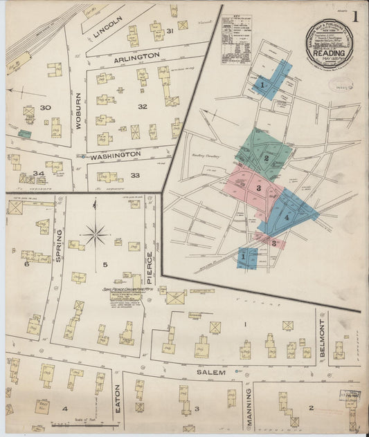 Sanborn Fire Insurance Map from Reading, Middlesex County, Massachusetts (1885), Sheet #0001 - Complete Map Set gallery image, historic Sanborn map, vintage wall art, Massachusetts Massachusetts
