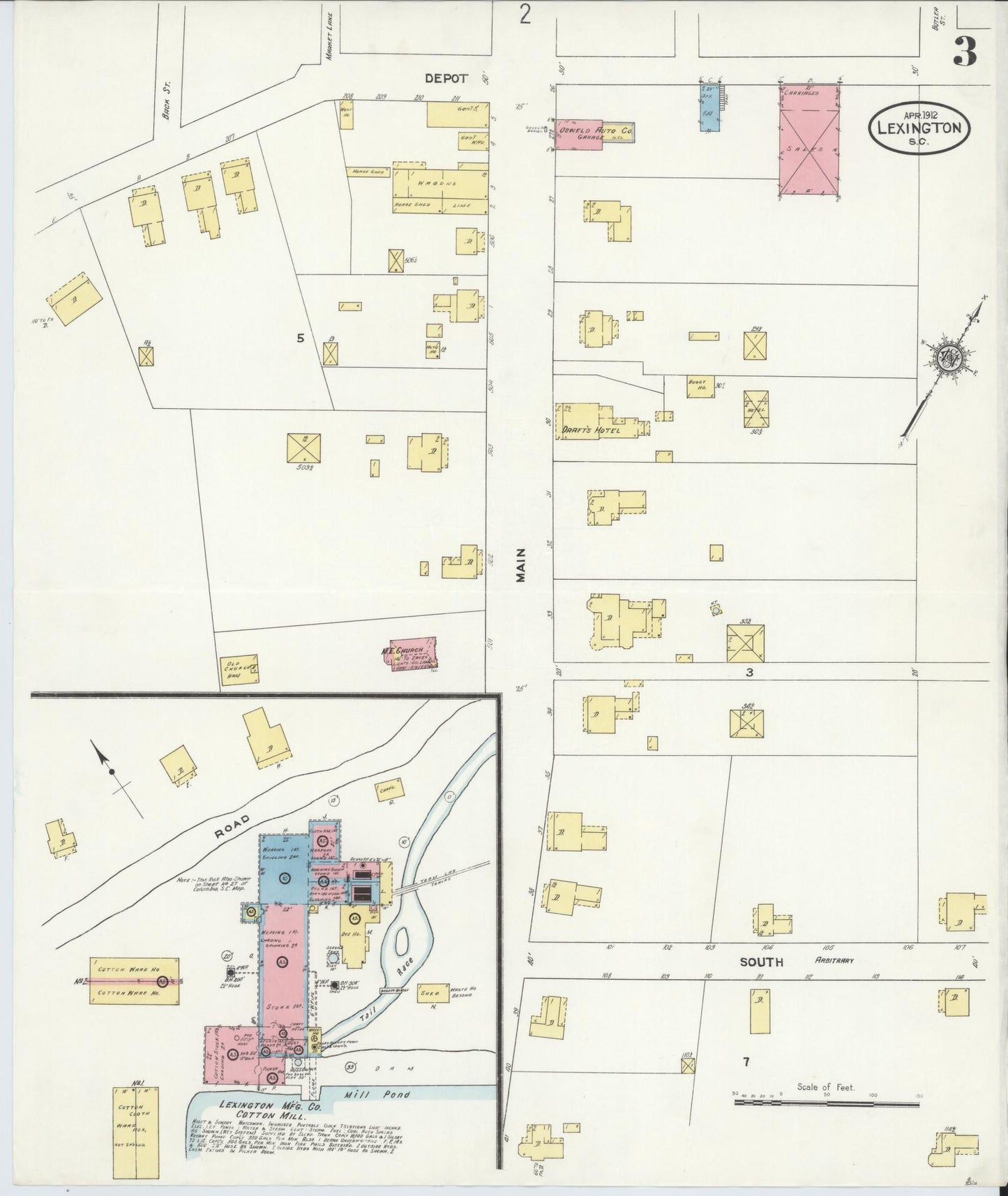 Sanborn Fire Insurance Map from Lexington, Lexington County, South Carolina (1912), Sheet #0003 - Historic Sanborn Fire Insurance Map Print, vintage old map wall art, antique decor, genealogy gift, South Carolina South Carolina map