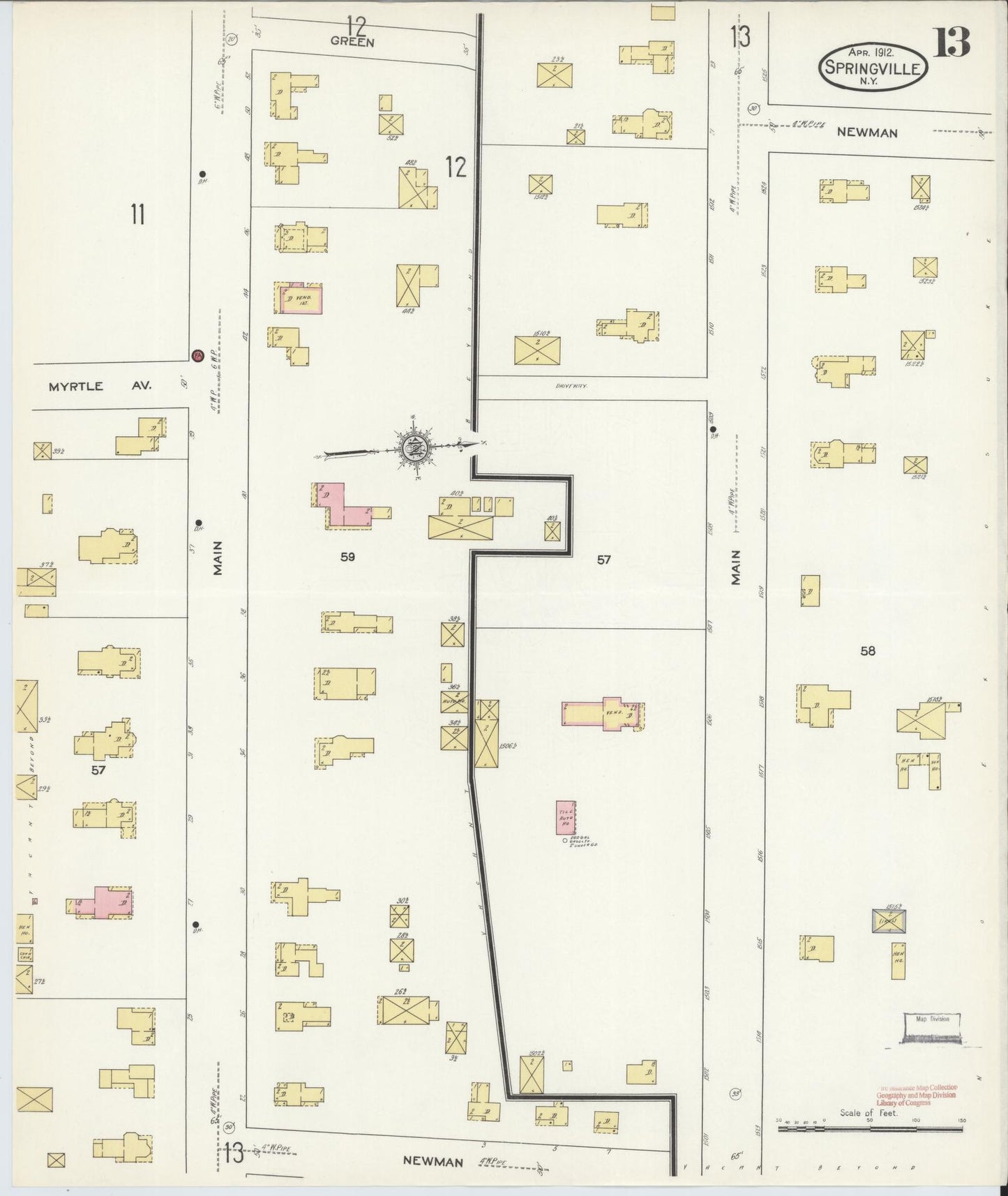 Sanborn Fire Insurance Map from Springville, Erie County, New York (1912), Sheet #0013 - Complete Map Set gallery image, historic Sanborn map, vintage wall art, New York New York