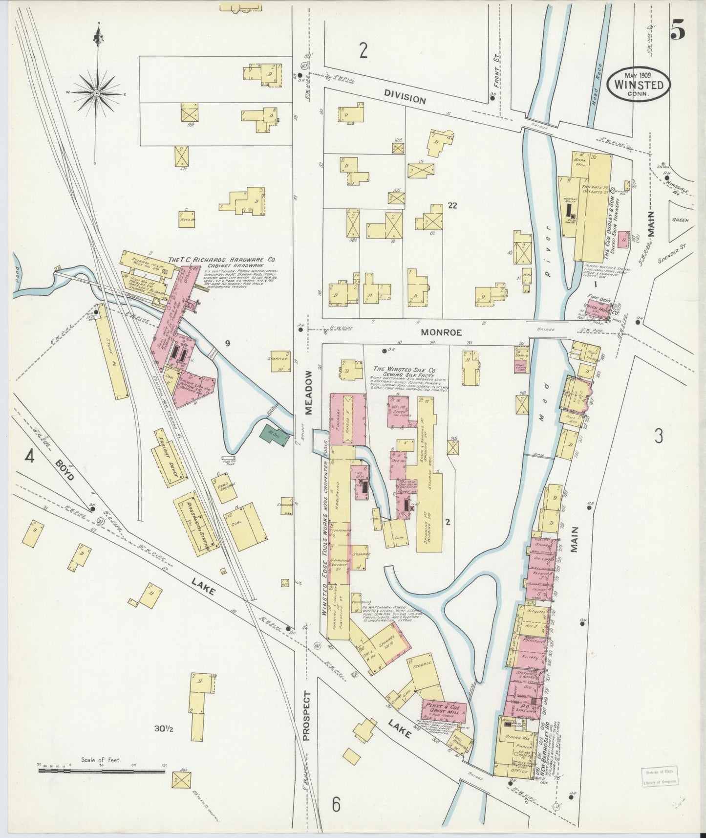 Sanborn Fire Insurance Map from Winsted, Litchfield County, Connecticut (1909), Sheet #0005 - Complete Map Set gallery image, historic Sanborn map, vintage wall art, Connecticut Connecticut
