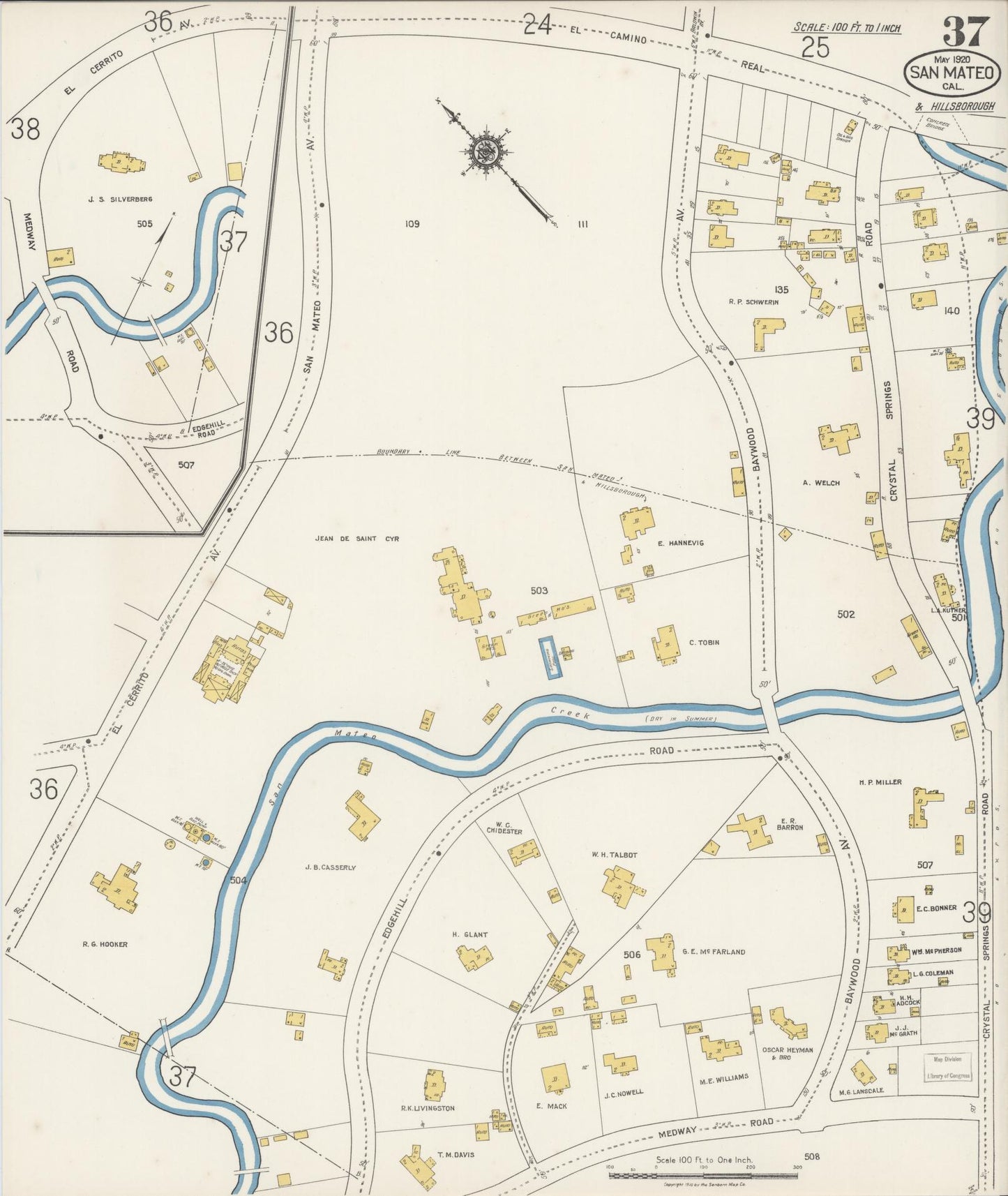 Sanborn Fire Insurance Map from San Mateo, San Mateo County, California (1920), Sheet #0037 - Complete Map Set gallery image, historic Sanborn map, vintage wall art, California California