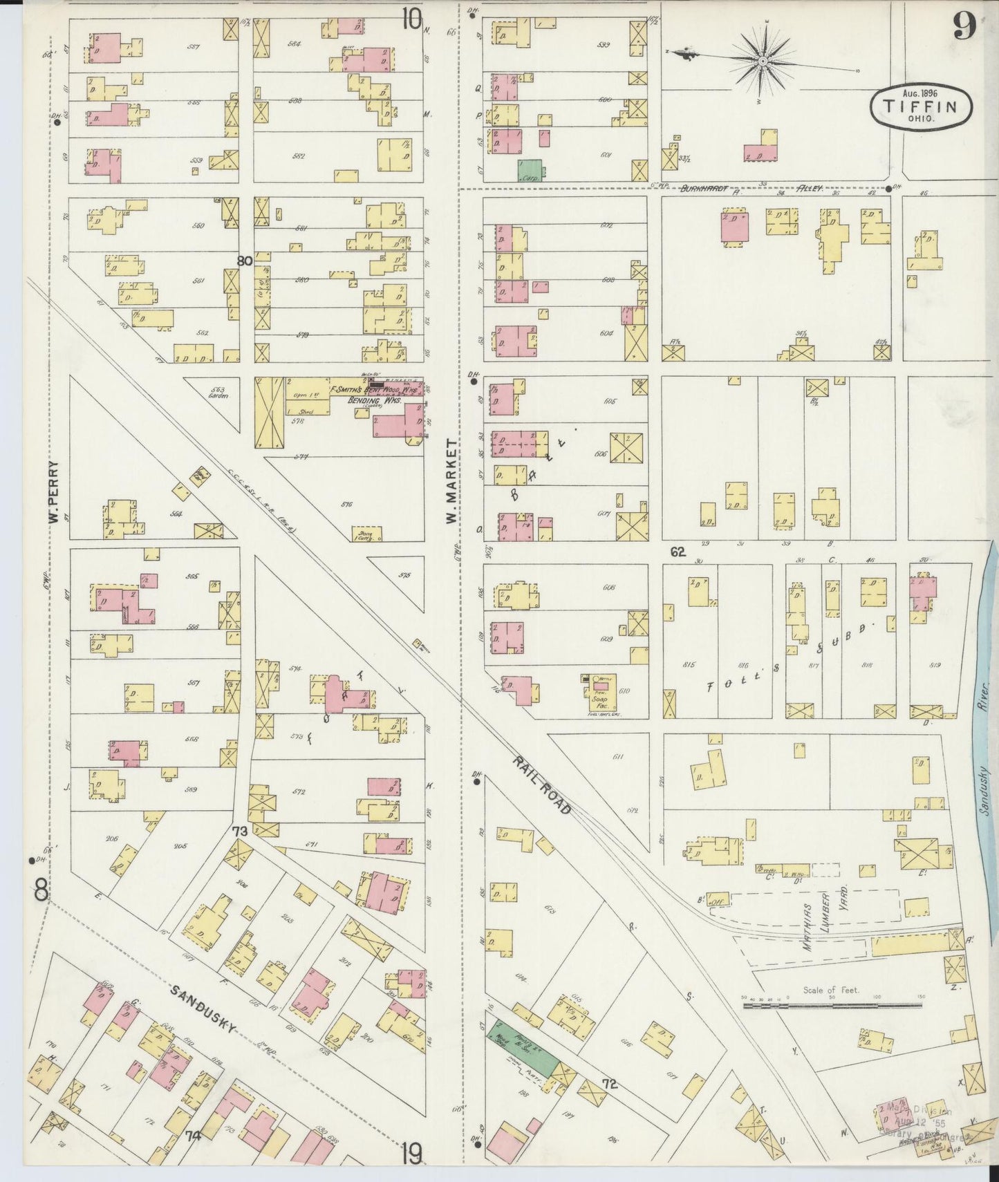 Sanborn Fire Insurance Map from Tiffin, Seneca County, Ohio (1896), Sheet #0009 - Historic Sanborn Fire Insurance Map Print, vintage old map wall art, antique decor, genealogy gift, Ohio Ohio map