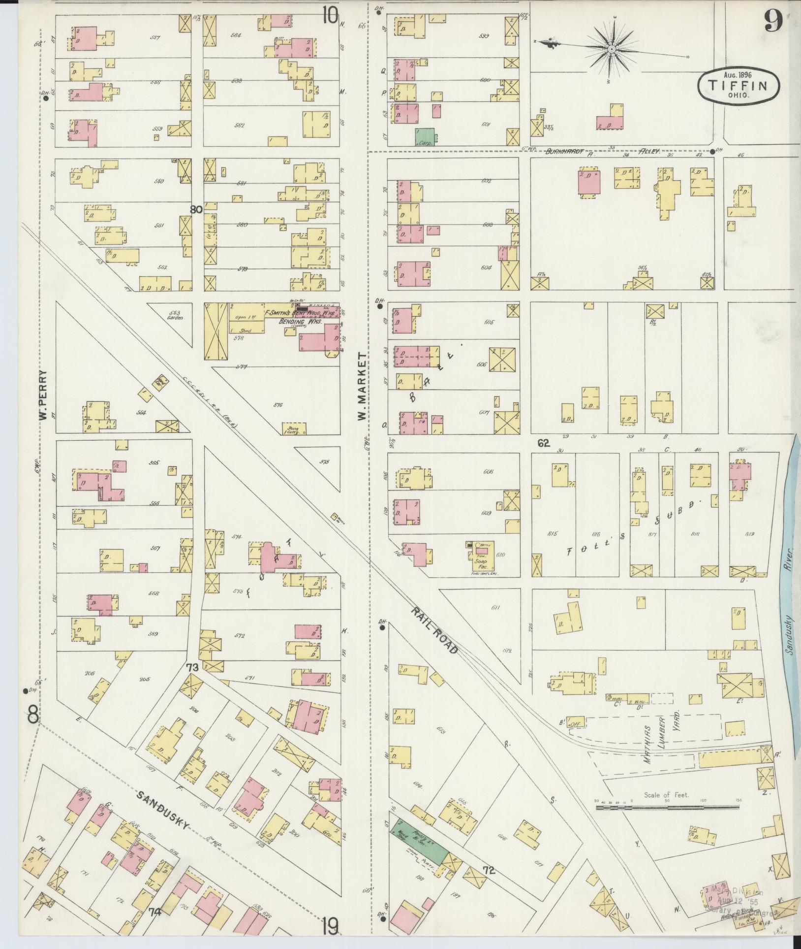 Sanborn Fire Insurance Map from Tiffin, Seneca County, Ohio (1896), Sheet #0009 - Historic Sanborn Fire Insurance Map Print, vintage old map wall art, antique decor, genealogy gift, Ohio Ohio map