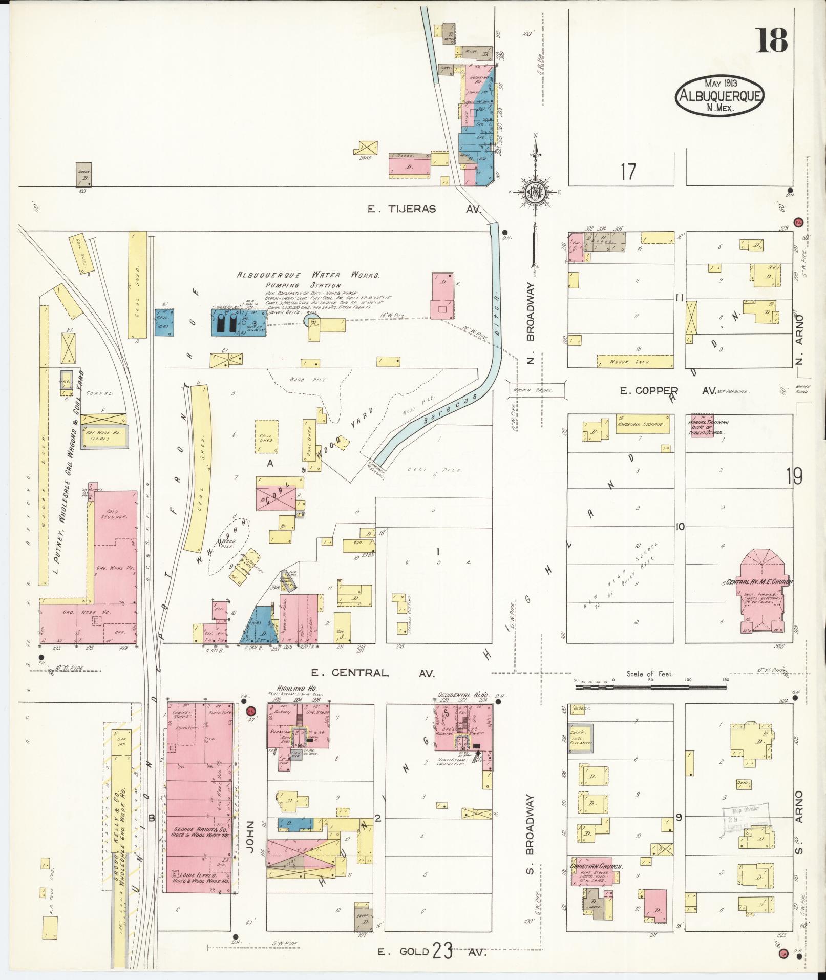 Sanborn Fire Insurance Map from Albuquerque, Bernalillo County, New Mexico (1913), Sheet #0018 - Historic Sanborn Fire Insurance Map Print, vintage old map wall art, antique decor, genealogy gift, New Mexico New Mexico map