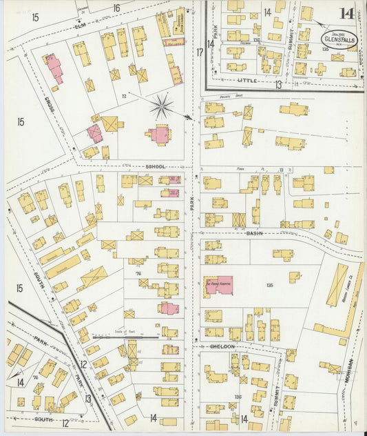 Sanborn Fire Insurance Map from Glens Falls, Warren County, New York (1901), Sheet #0014 - Historic Sanborn Fire Insurance Map Print, vintage old map wall art, antique decor, genealogy gift, New York New York map