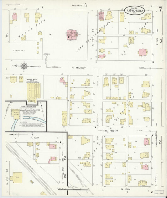 Sanborn Fire Insurance Map from North Manchester, Wabash County, Indiana (1914), Sheet #0007 - Historic Sanborn Fire Insurance Map Print, vintage old map wall art, antique decor, genealogy gift, Indiana Indiana map