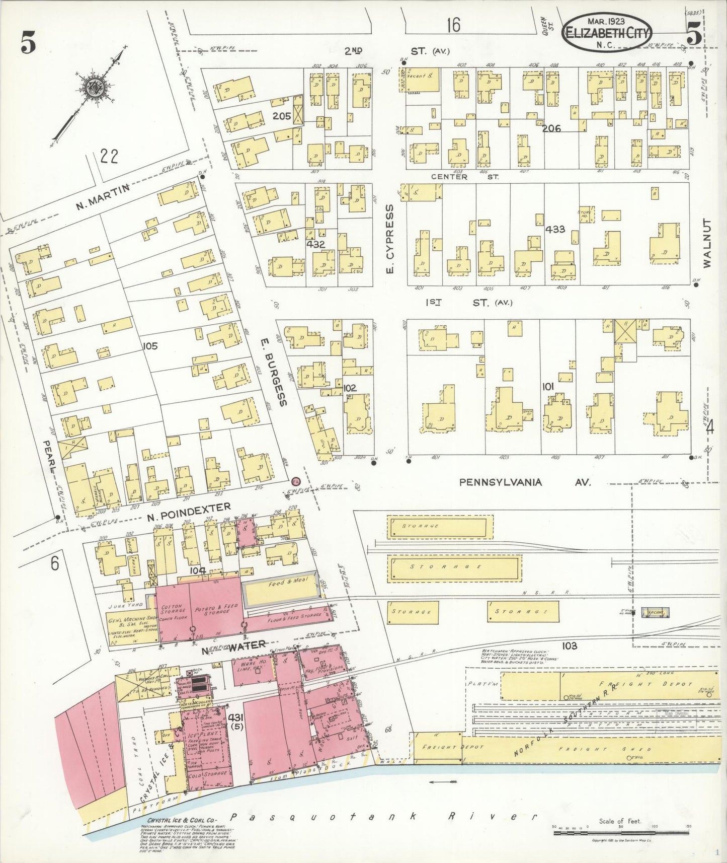 Sanborn Fire Insurance Map from Elizabeth City, Pasquotank County, North Carolina (1923), Sheet #0005 - Historic Sanborn Fire Insurance Map Print, vintage old map wall art, antique decor, genealogy gift, North Carolina North Carolina map