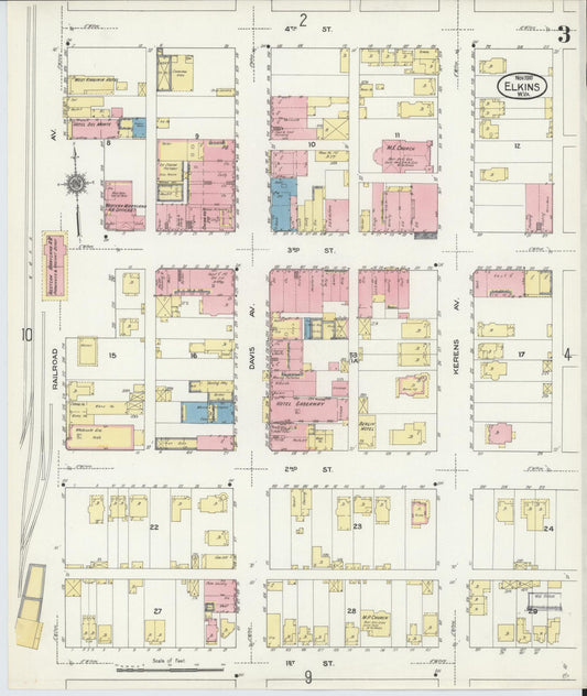 Sanborn Fire Insurance Map from Elkins, Randolph County, West Virginia (1910), Sheet #0003 - Historic Sanborn Fire Insurance Map Print, vintage old map wall art, antique decor, genealogy gift, West Virginia West Virginia map