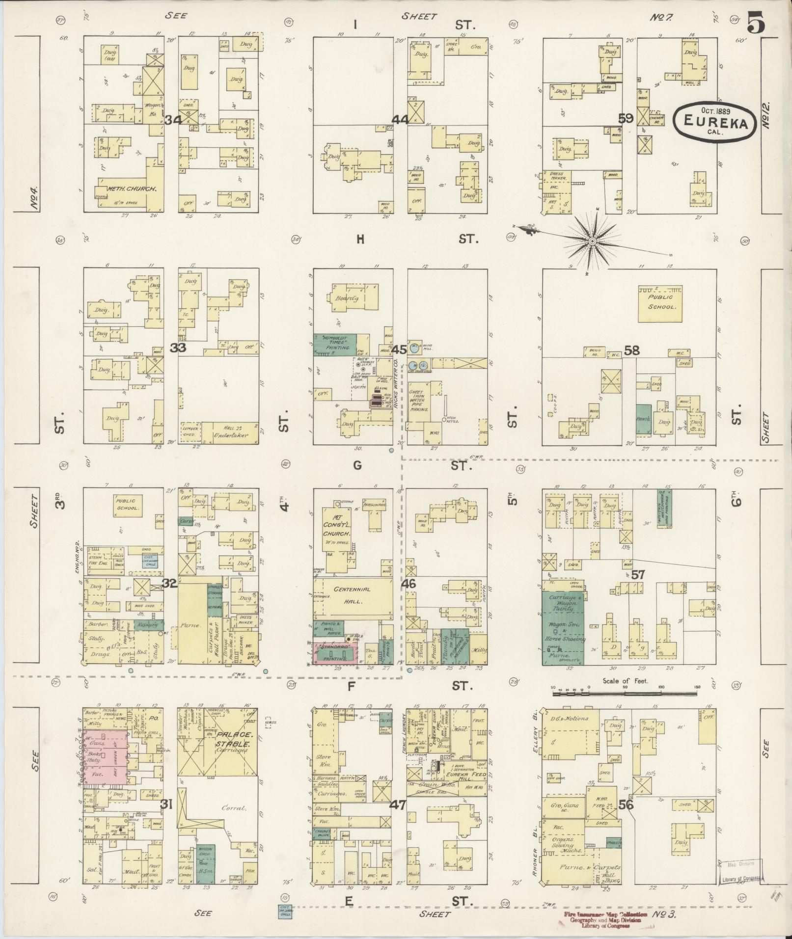 Sanborn Fire Insurance Map from Eureka, Humboldt County, California (1889), Sheet #0005 - Historic Sanborn Fire Insurance Map Print, vintage old map wall art, antique decor, genealogy gift, California California map