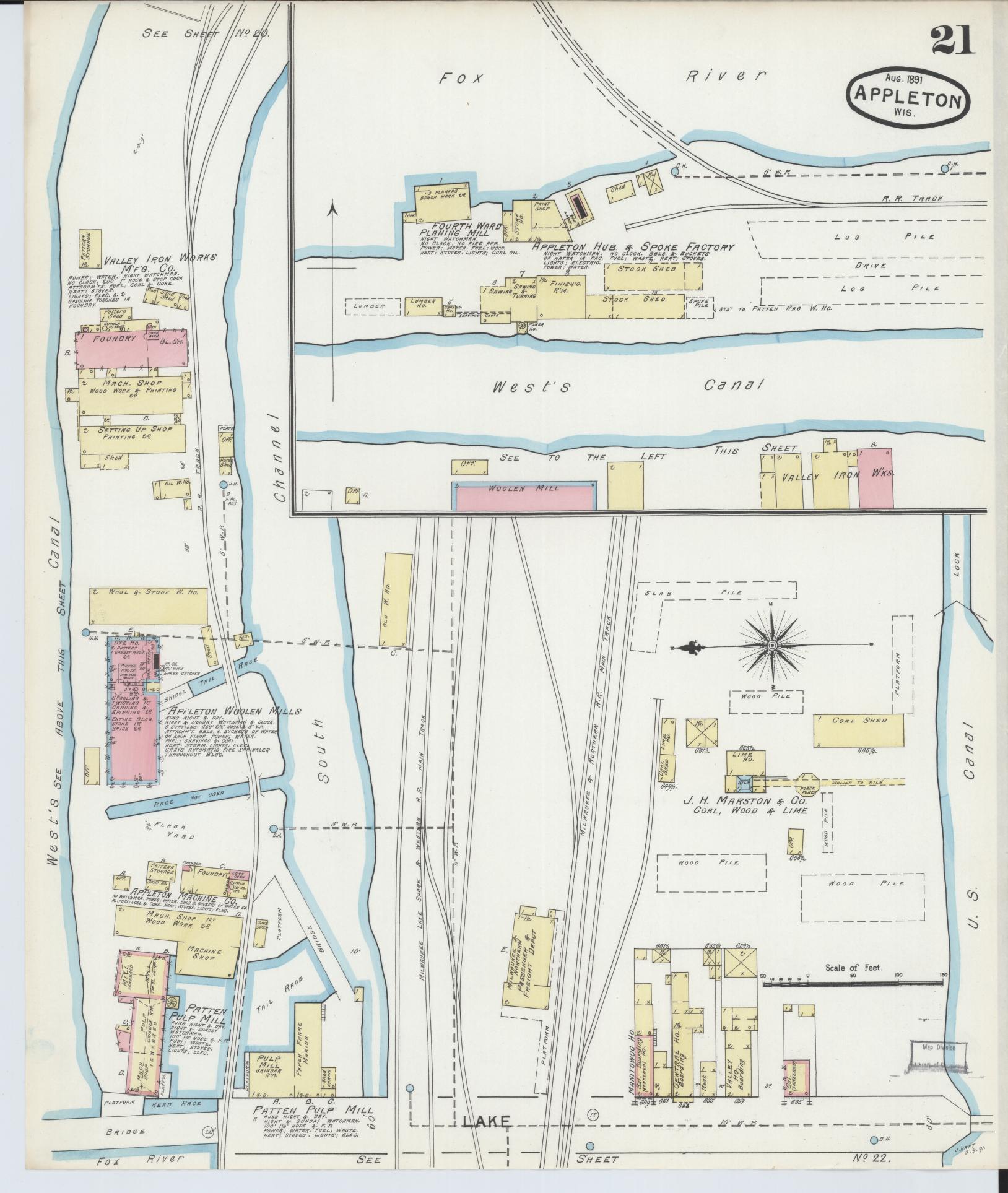Sanborn Fire Insurance Map from Appleton, Outagamie County, Wisconsin (1891), Sheet #0021 - Historic Sanborn Fire Insurance Map Print, vintage old map wall art, antique decor, genealogy gift, Wisconsin Wisconsin map