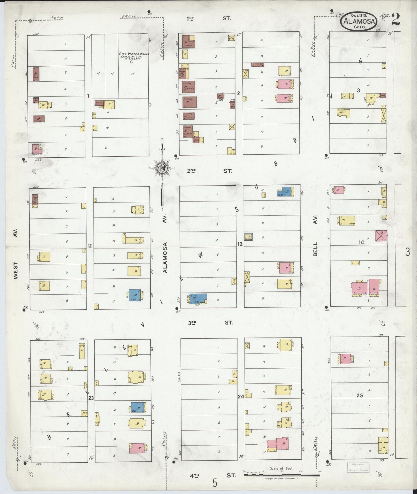 Sanborn Fire Insurance Map from Alamosa, Alamosa County, Colorado (1919), Sheet #0002 - Historic Sanborn Fire Insurance Map Print, vintage old map wall art, antique decor, genealogy gift, Colorado Colorado map
