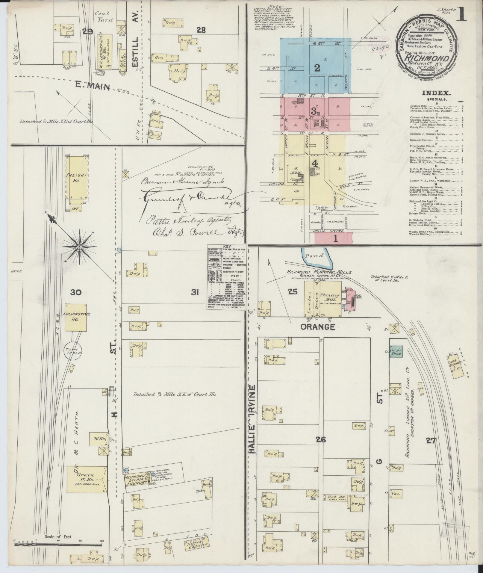 Sanborn Fire Insurance Map from Richmond, Madison County, Kentucky (1890), Sheet #0001 - Historic Sanborn Fire Insurance Map Print, vintage old map wall art, antique decor, genealogy gift, Kentucky Kentucky map