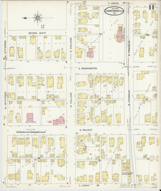 Sanborn Fire Insurance Map from Crawfordsville, Montgomery County, Indiana (1907), Sheet #0011 - Historic Sanborn Fire Insurance Map Print, vintage old map wall art, antique decor, genealogy gift, Indiana Indiana map