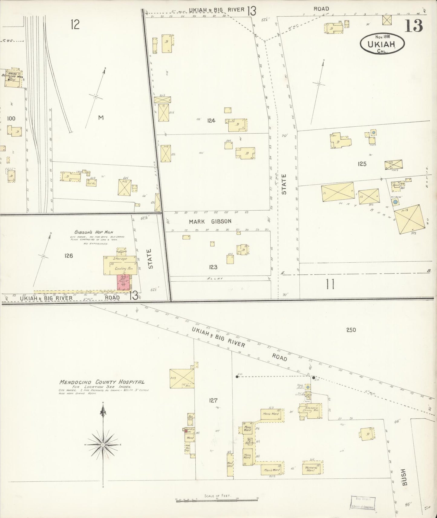 Sanborn Fire Insurance Map from Ukiah, Mendocino County, California (1898), Sheet #0013 - Complete Map Set gallery image, historic Sanborn map, vintage wall art, California California