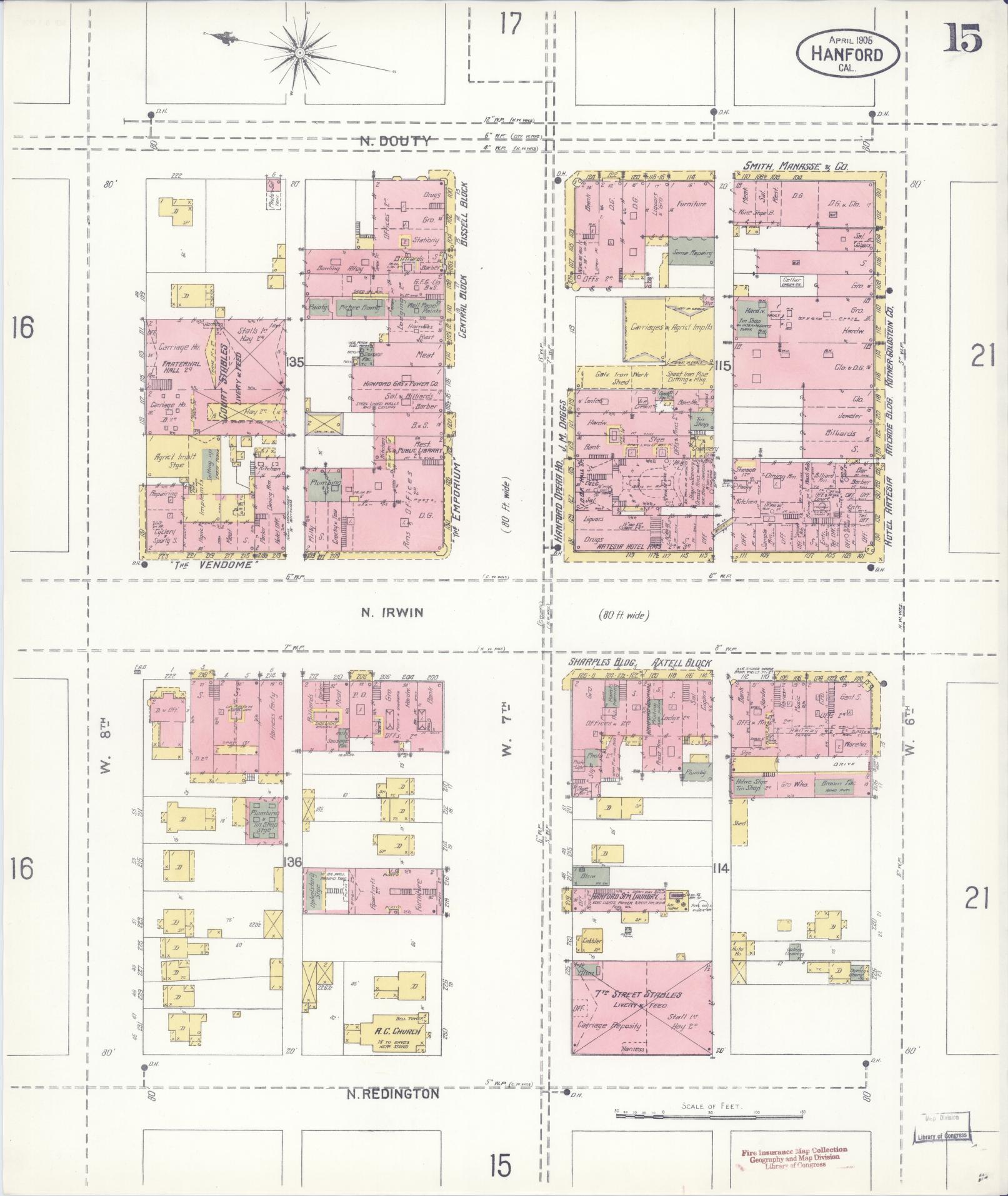 Sanborn Fire Insurance Map from Hanford, Kings County, California (1905), Sheet #0015 - Historic Sanborn Fire Insurance Map Print, vintage old map wall art, antique decor, genealogy gift, California California map
