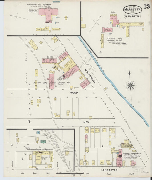 Sanborn Fire Insurance Map from Marietta, Washington County, Ohio (1890), Sheet #0013 - Historic Sanborn Fire Insurance Map Print, vintage old map wall art, antique decor, genealogy gift, Ohio Ohio map