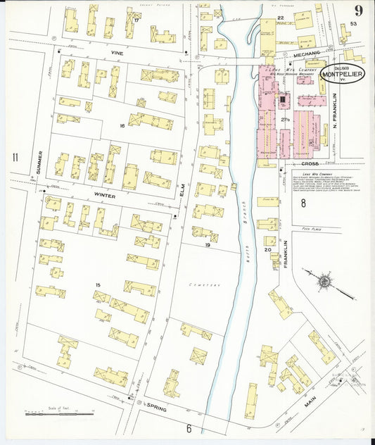 Sanborn Fire Insurance Map from Montpelier, Washington County, Vermont (1909), Sheet #0009 - Historic Sanborn Fire Insurance Map Print, vintage old map wall art, antique decor, genealogy gift, Vermont Vermont map