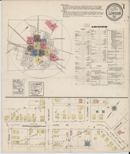 Sanborn Fire Insurance Map from London, Madison County, Ohio (1921), Sheet #0001 - Complete Map Set gallery image, historic Sanborn map, vintage wall art, Ohio Ohio