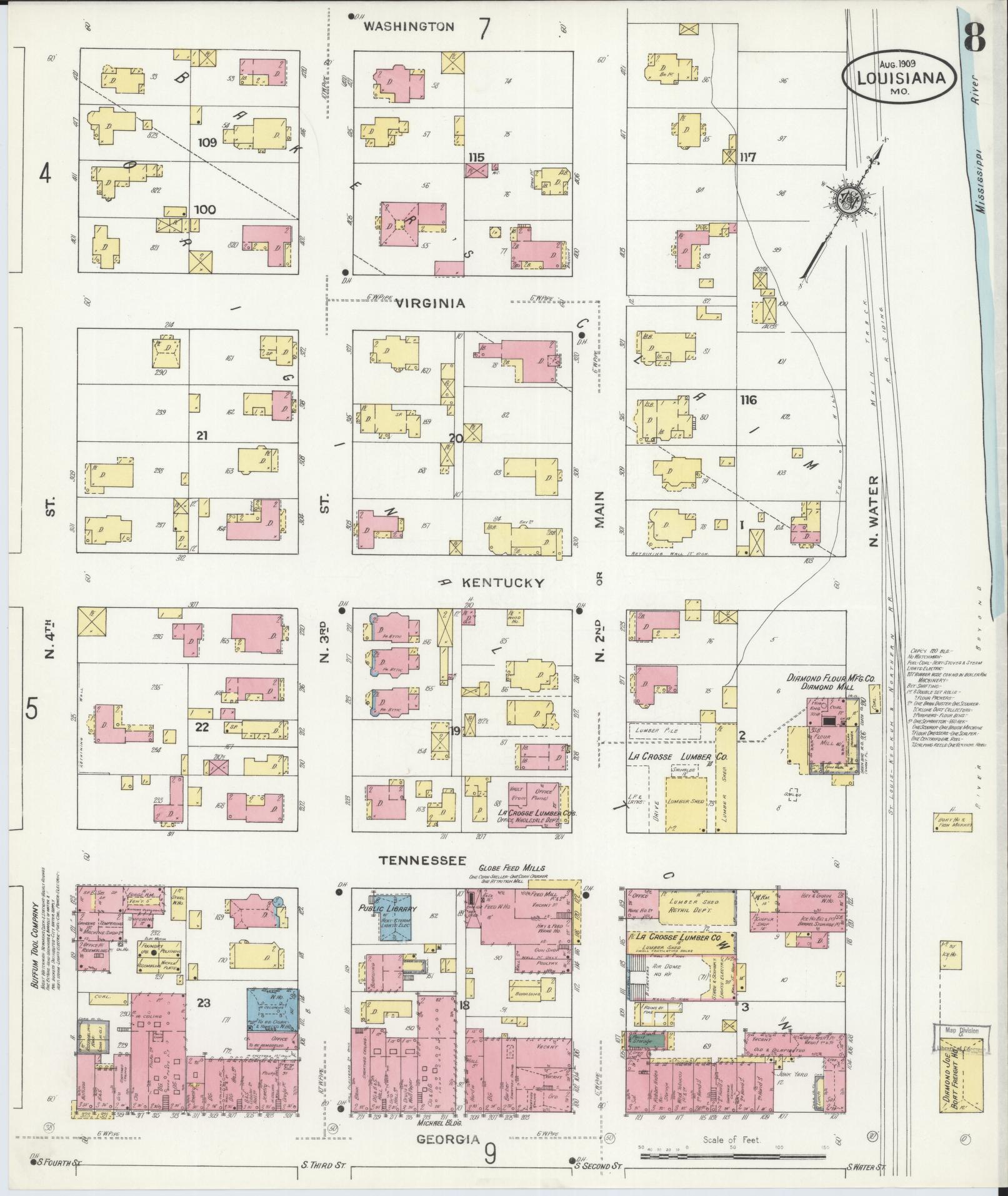Sanborn Fire Insurance Map from Louisiana, Pike County, Missouri (1909), Sheet #0008 - Historic Sanborn Fire Insurance Map Print, vintage old map wall art, antique decor, genealogy gift, Missouri Missouri map