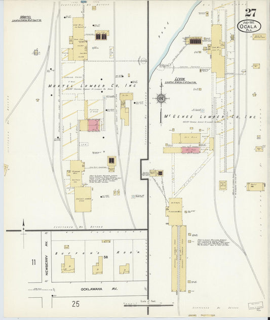 Sanborn Fire Insurance Map from Ocala, Marion County, Florida (1912), Sheet #0027 - Historic Sanborn Fire Insurance Map Print, vintage old map wall art, antique decor, genealogy gift, Florida Florida map