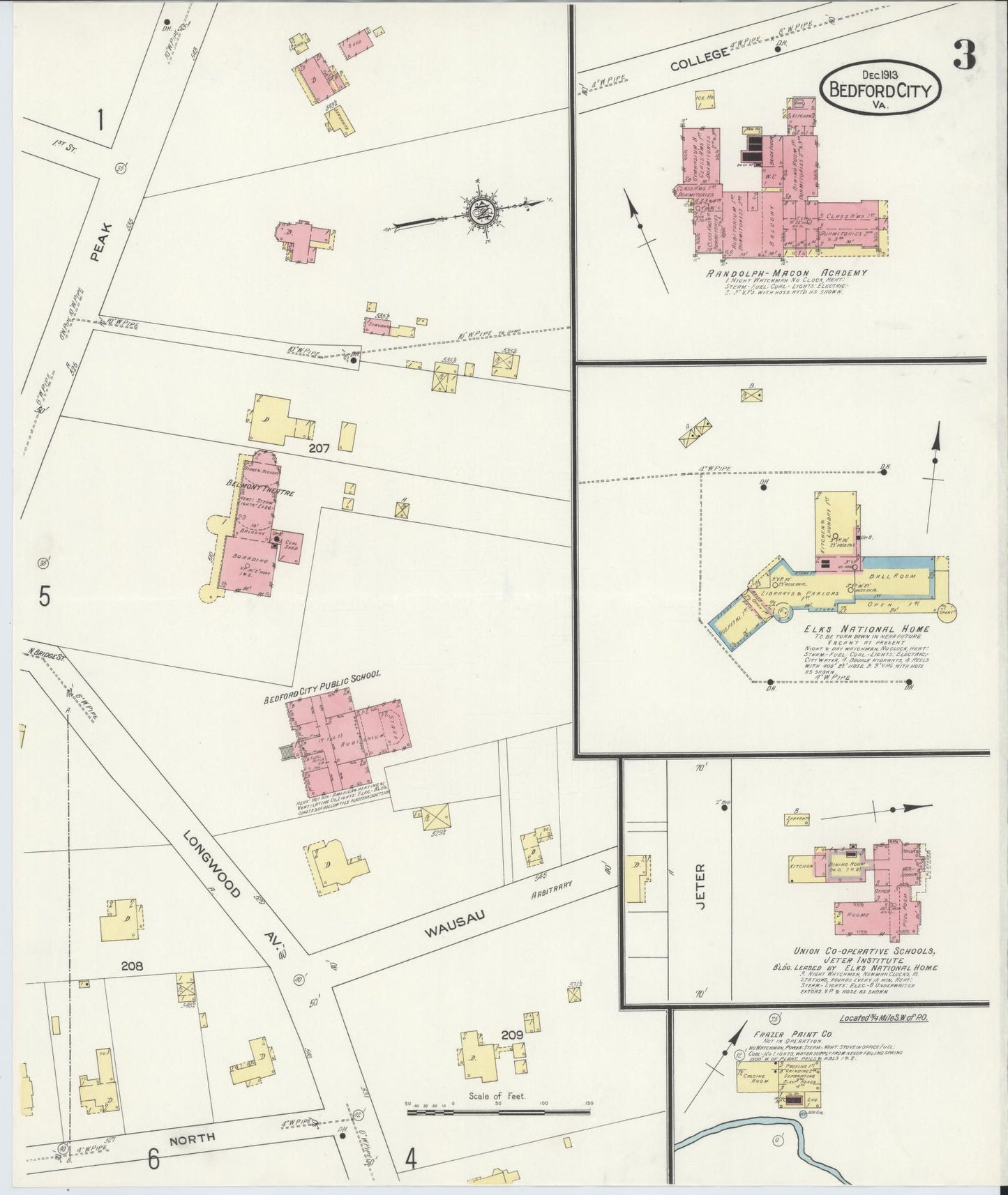 Sanborn Fire Insurance Map from Bedford, Independent Cities, Virginia (1913), Sheet #0003 - Complete Map Set gallery image, historic Sanborn map, vintage wall art, Virginia Virginia