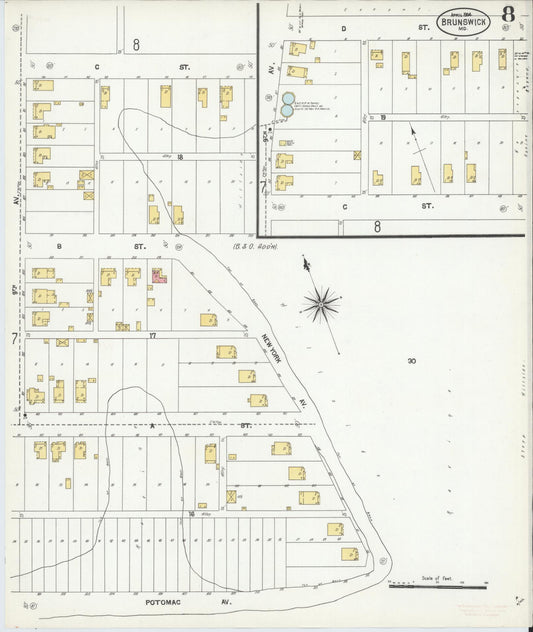 Sanborn Fire Insurance Map from Brunswick, Frederick County, Maryland (1904), Sheet #0008 - Historic Sanborn Fire Insurance Map Print, vintage old map wall art, antique decor, genealogy gift, Maryland Maryland map