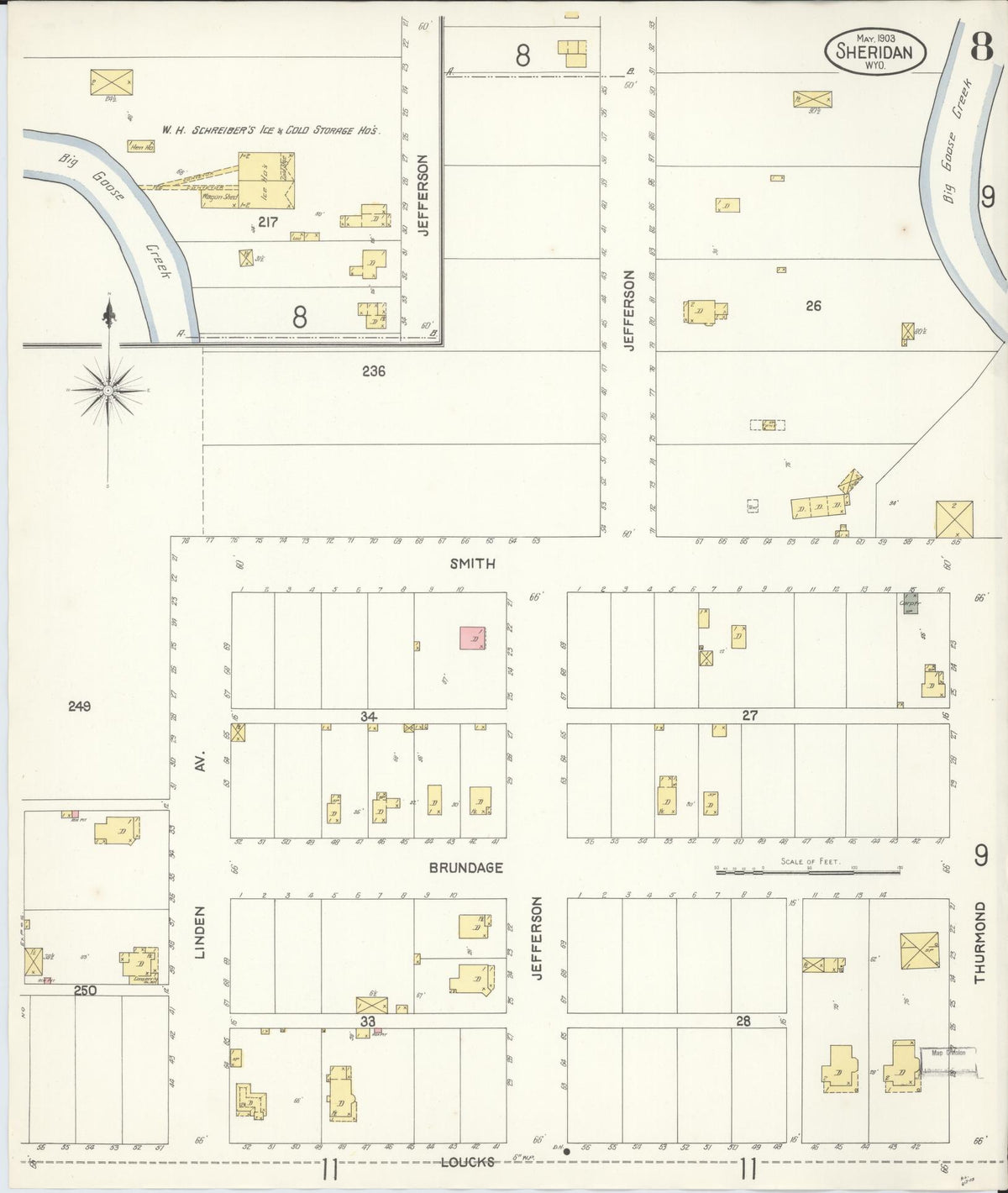 Sanborn Fire Insurance Map from Sheridan, Sheridan County, Wyoming (1903), Sheet #0008 - Historic Sanborn Fire Insurance Map Print, vintage old map wall art, antique decor, genealogy gift, Wyoming Wyoming map