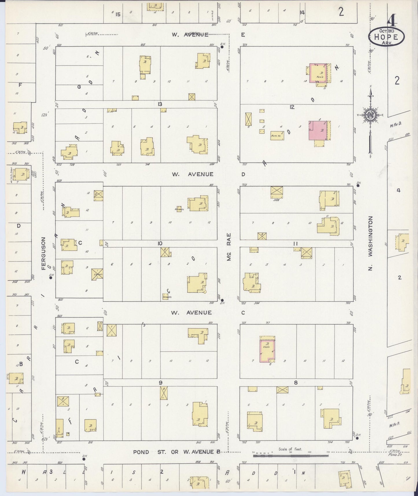Sanborn Fire Insurance Map from Hope, Hempstead County, Arkansas (1913), Sheet #0004 - Historic Sanborn Fire Insurance Map Print, vintage old map wall art, antique decor, genealogy gift, Arkansas Arkansas map
