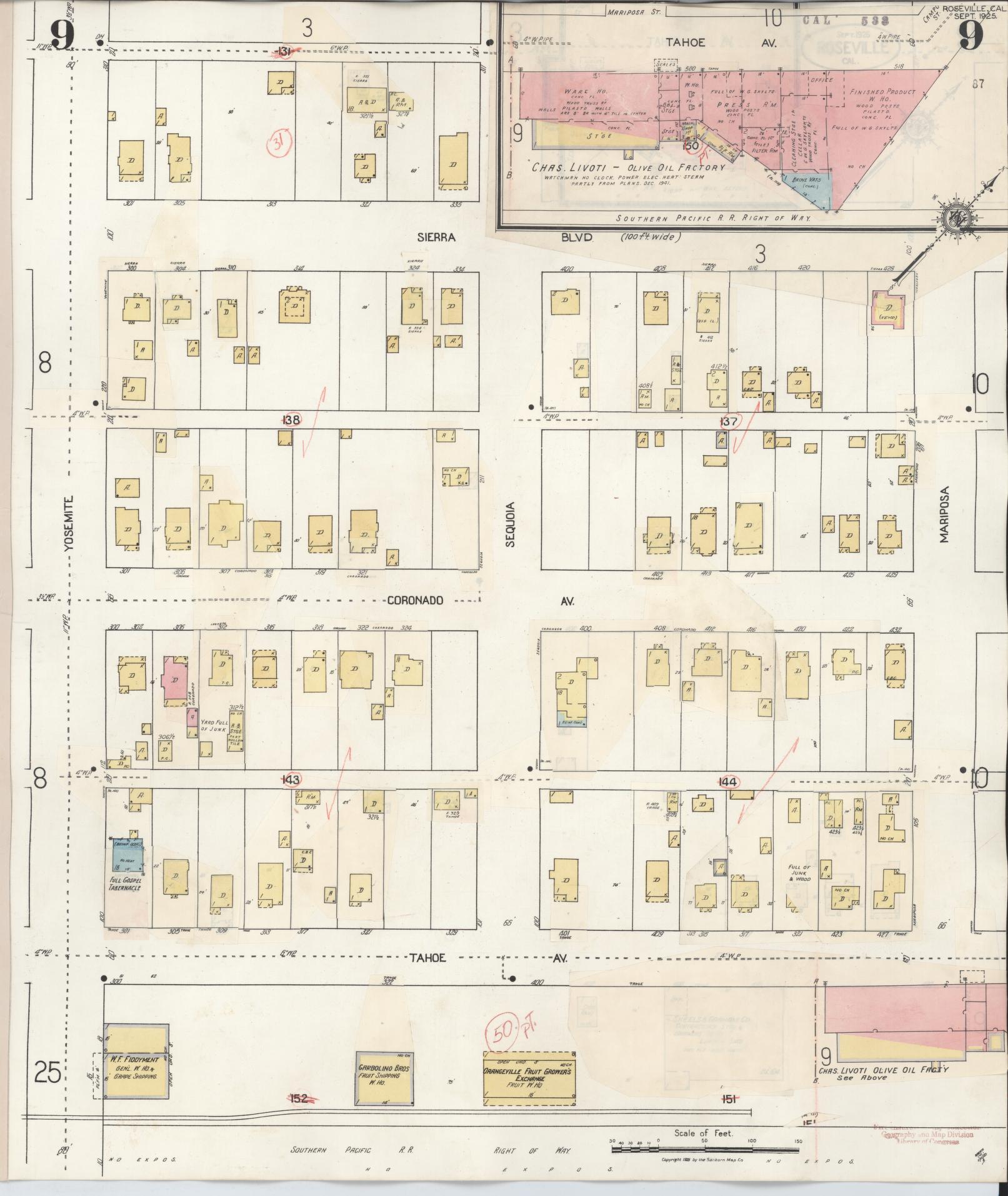 Sanborn Fire Insurance Map from Roseville, Placer County, California (1944), Sheet #0009 - Complete Map Set gallery image, historic Sanborn map, vintage wall art, California California