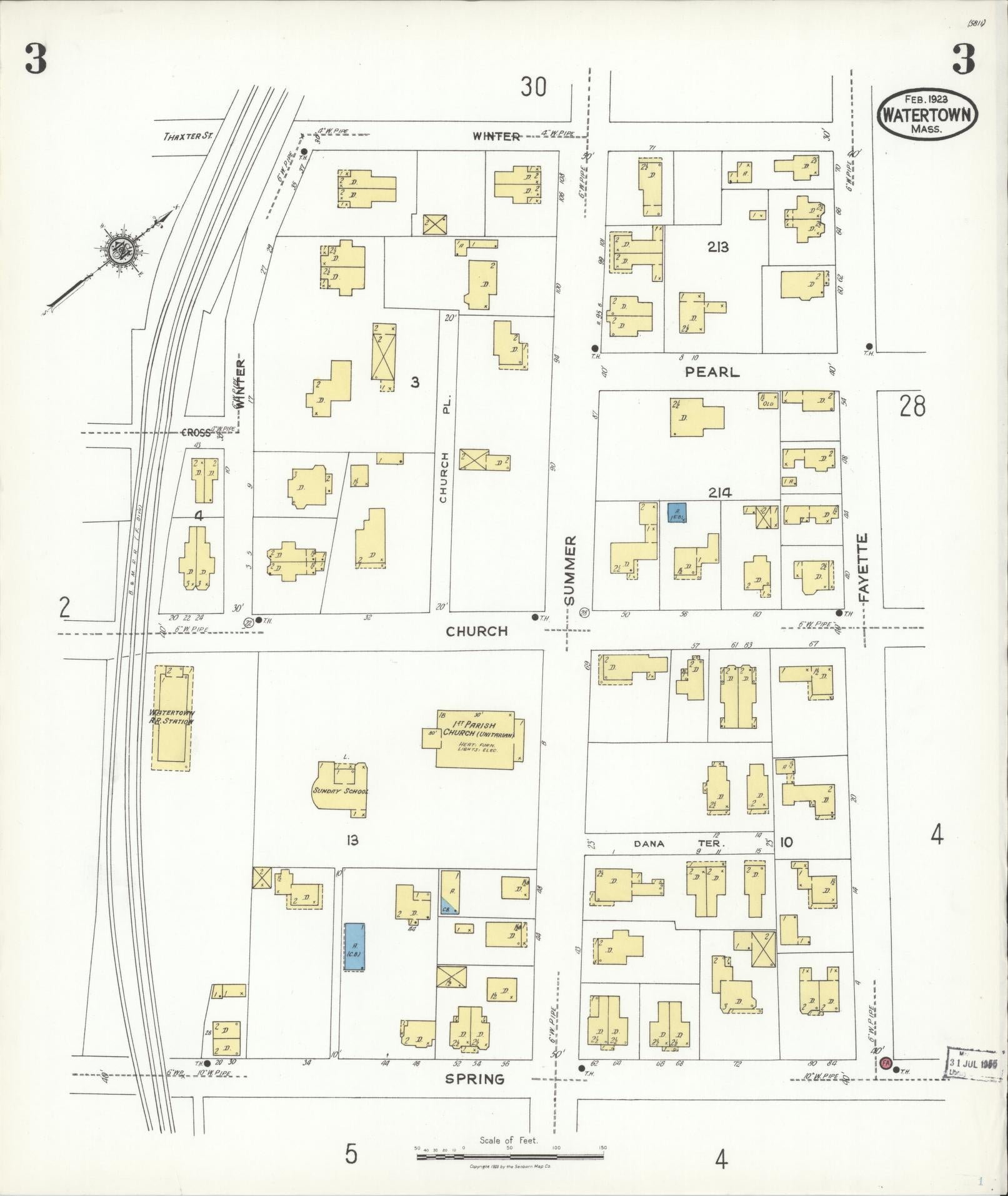 Sanborn Fire Insurance Map from Watertown, Middlesex County, Massachusetts (1923), Sheet #0003 - Historic Sanborn Fire Insurance Map Print, vintage old map wall art, antique decor, genealogy gift, Massachusetts Massachusetts map