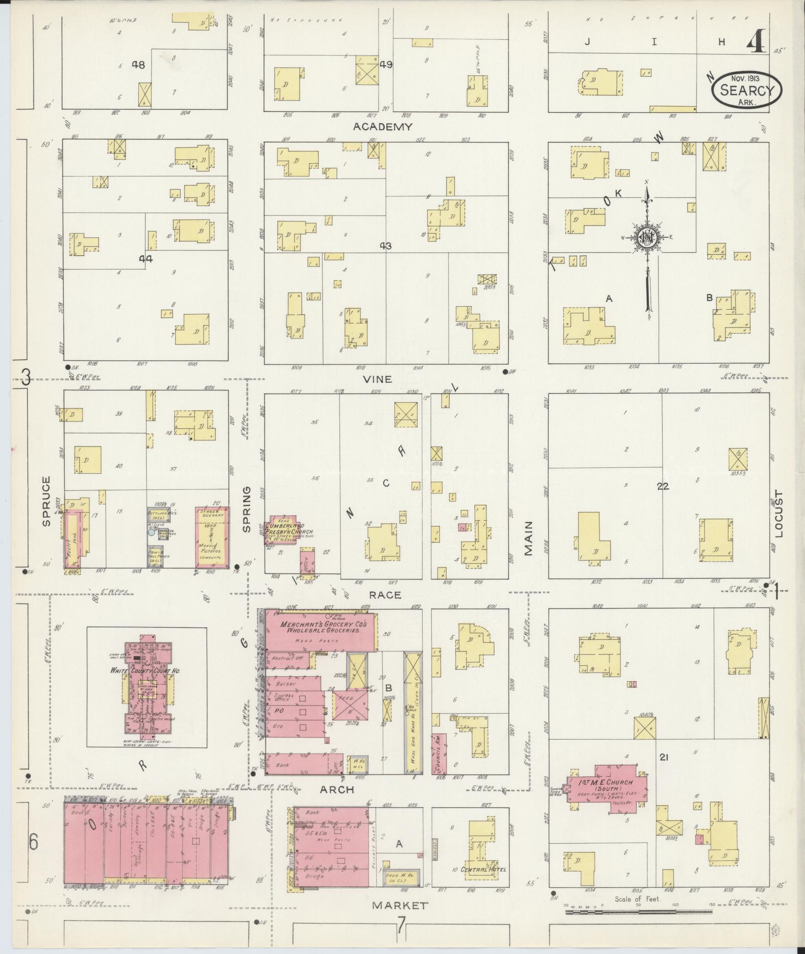 Sanborn Fire Insurance Map from Searcy, White County, Arkansas (1913), Sheet #0004 - Complete Map Set gallery image, historic Sanborn map, vintage wall art, Arkansas Arkansas