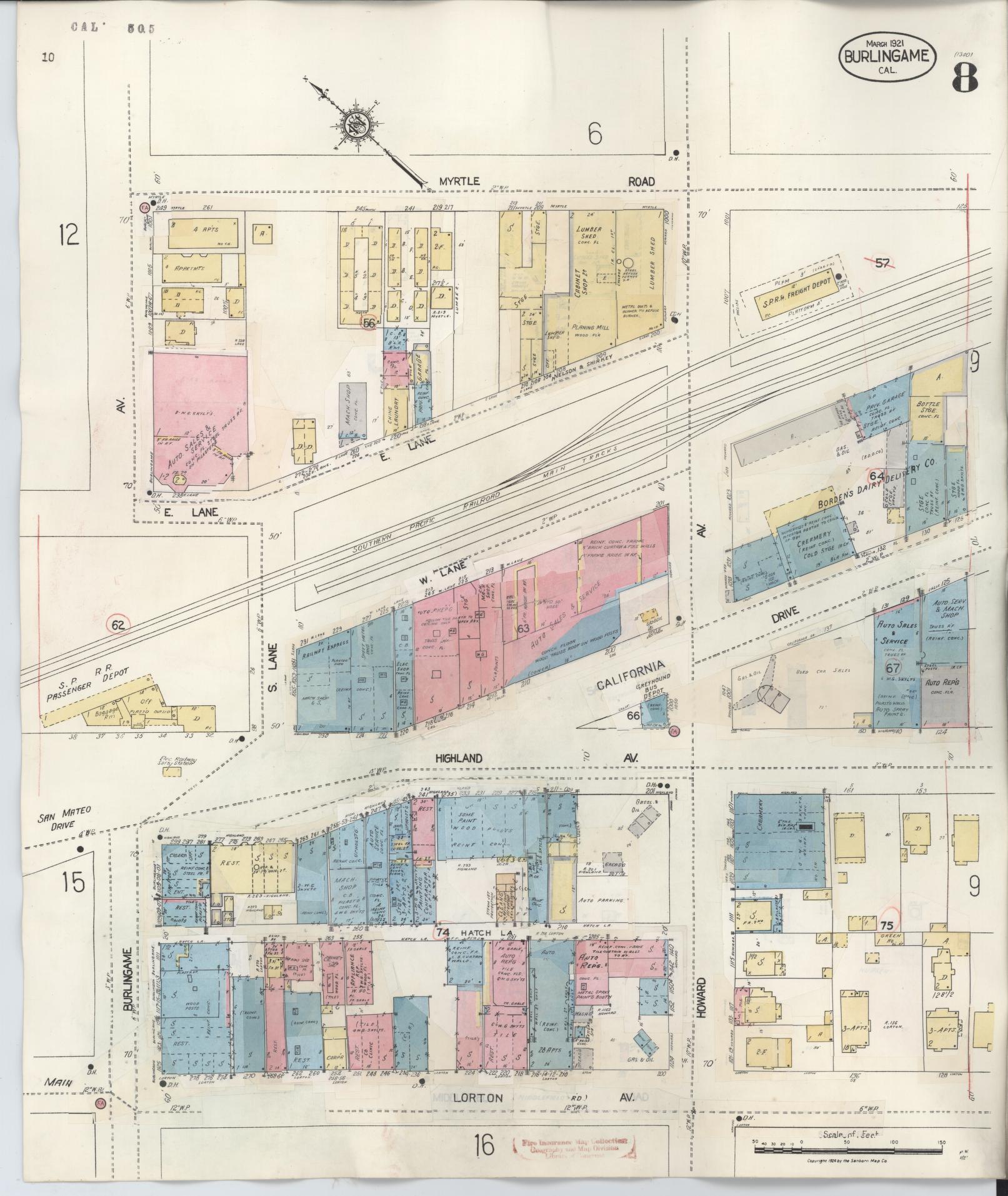Sanborn Fire Insurance Map from Burlingame, San Mateo County, California (1949), Sheet #0008 - Historic Sanborn Fire Insurance Map Print, vintage old map wall art, antique decor, genealogy gift, California California map