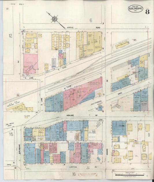 Sanborn Fire Insurance Map from Burlingame, San Mateo County, California (1949), Sheet #0008 - Historic Sanborn Fire Insurance Map Print, vintage old map wall art, antique decor, genealogy gift, California California map