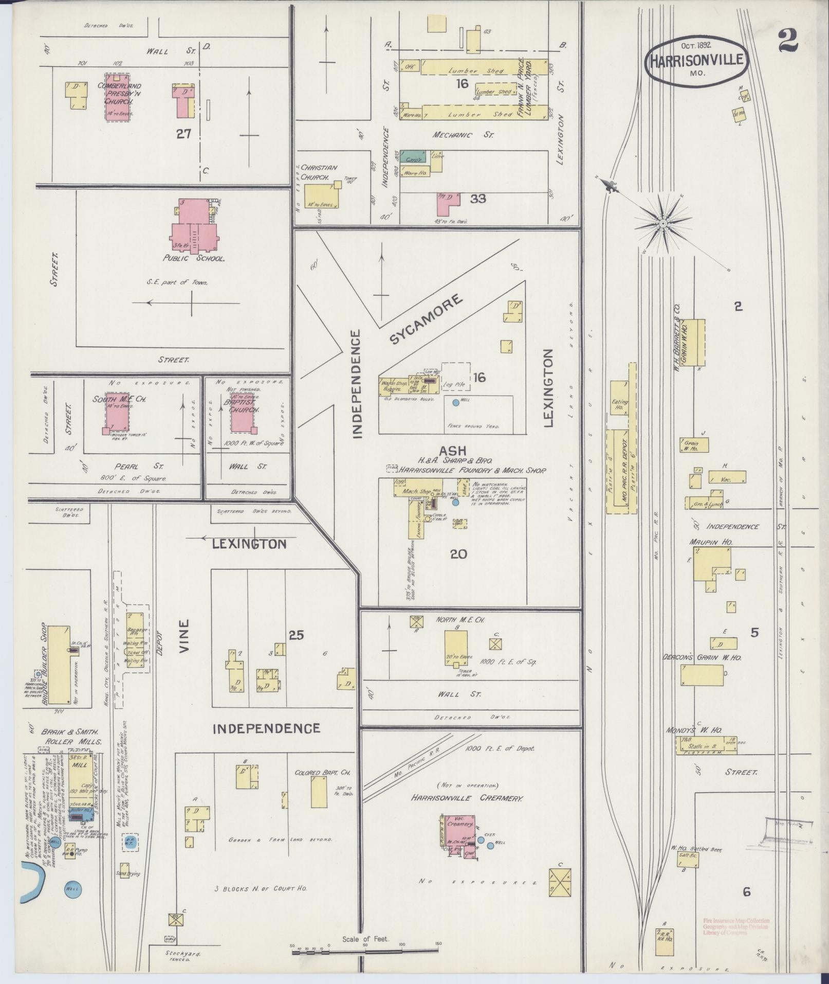 Sanborn Fire Insurance Map from Harrisonville, Cass County, Missouri (1892), Sheet #0002 - Historic Sanborn Fire Insurance Map Print, vintage old map wall art, antique decor, genealogy gift, Missouri Missouri map