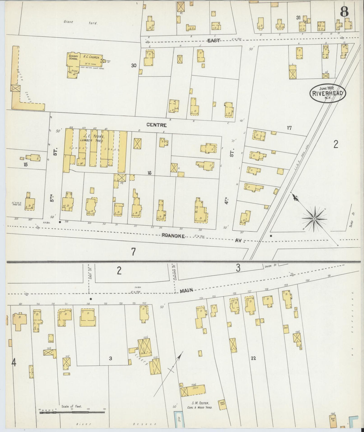 Sanborn Fire Insurance Map from Riverhead, Suffolk County, New York (1902), Sheet #0008 - Historic Sanborn Fire Insurance Map Print, vintage old map wall art, antique decor, genealogy gift, New York New York map