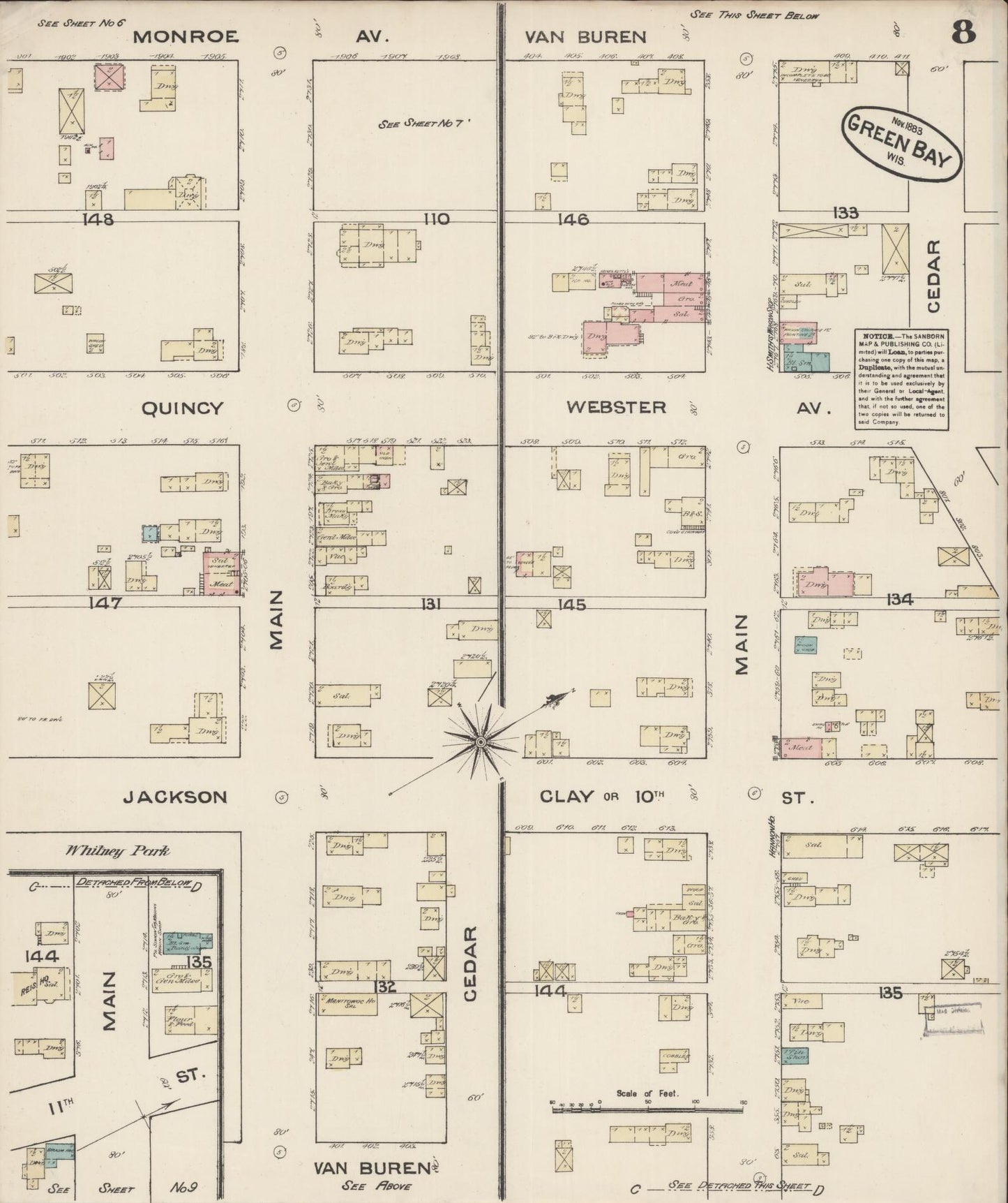 Sanborn Fire Insurance Map from Green Bay, Brown County, Wisconsin (1883), Sheet #0008 - Historic Sanborn Fire Insurance Map Print, vintage old map wall art, antique decor, genealogy gift, Wisconsin Wisconsin map