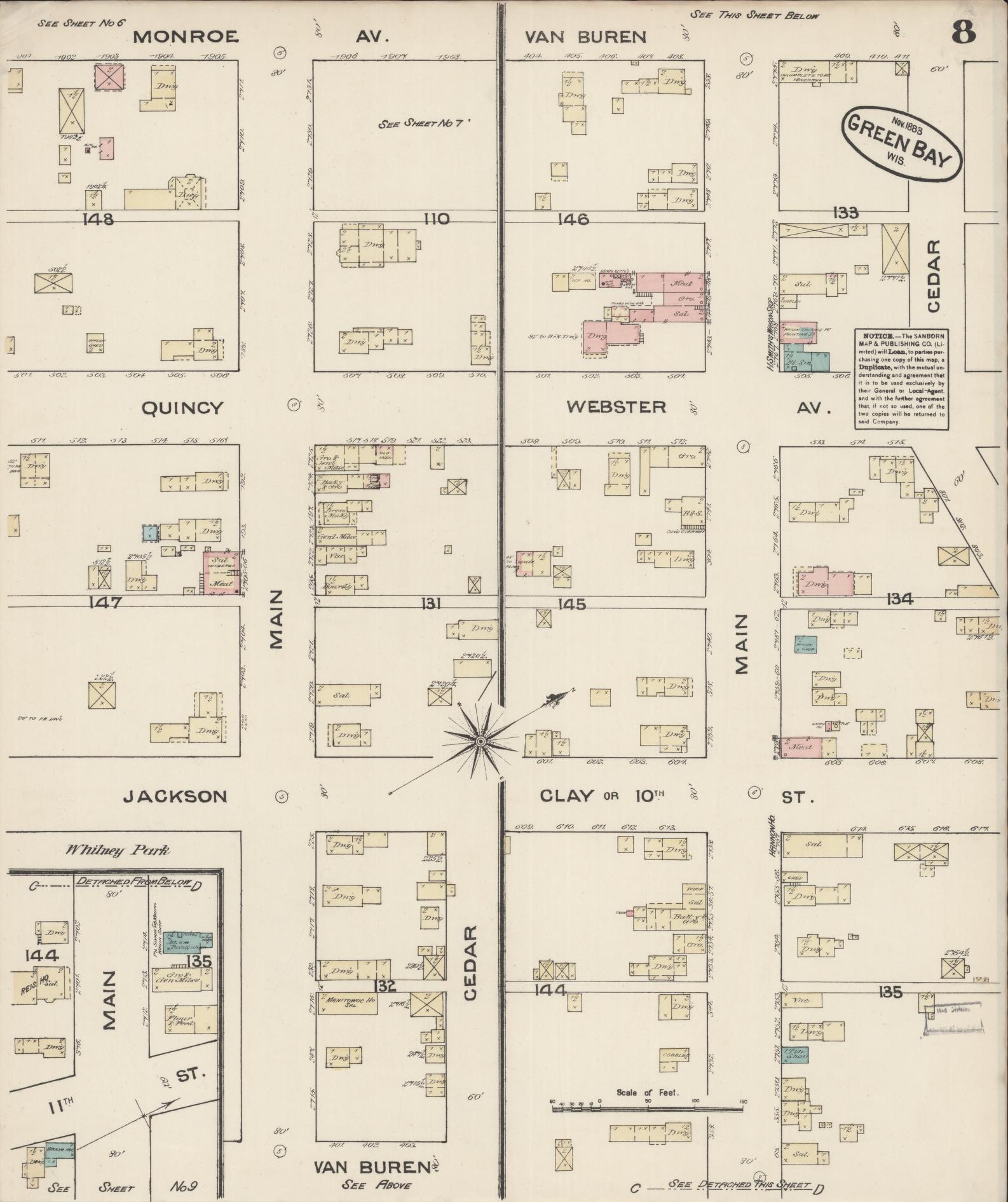 Sanborn Fire Insurance Map from Green Bay, Brown County, Wisconsin (1883), Sheet #0008 - Historic Sanborn Fire Insurance Map Print, vintage old map wall art, antique decor, genealogy gift, Wisconsin Wisconsin map