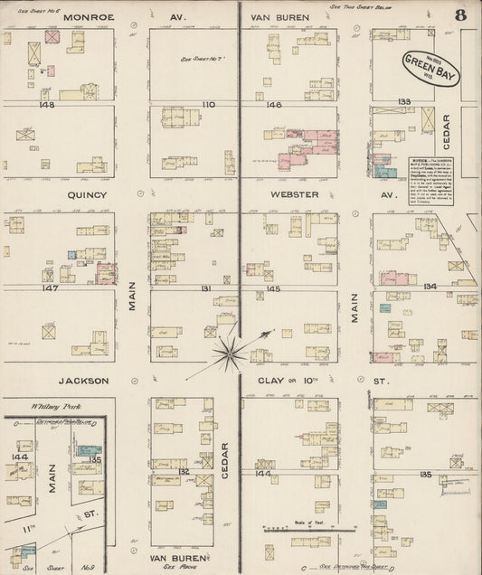 Sanborn Fire Insurance Map from Green Bay, Brown County, Wisconsin (1883), Sheet #0008 - Historic Sanborn Fire Insurance Map Print, vintage old map wall art, antique decor, genealogy gift, Wisconsin Wisconsin map