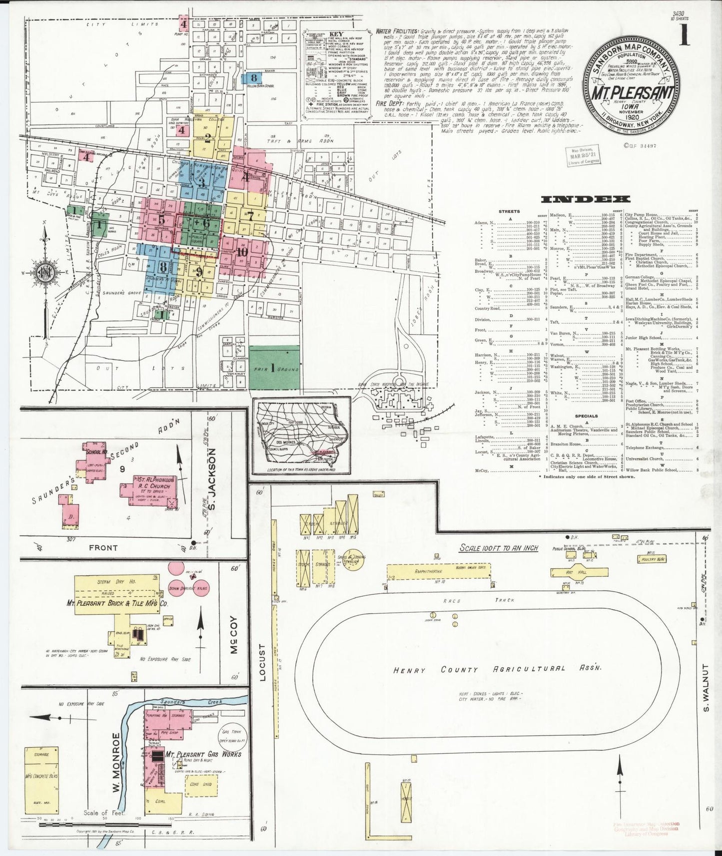 Sanborn Fire Insurance Map from Mount Pleasant, Henry County, Iowa. (1920) – Map View