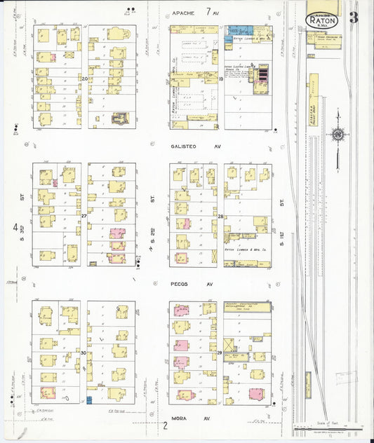 Sanborn Fire Insurance Map from Raton, Colfax County, New Mexico (1919), Sheet #0003 - Historic Sanborn Fire Insurance Map Print, vintage old map wall art, antique decor, genealogy gift, New Mexico New Mexico map