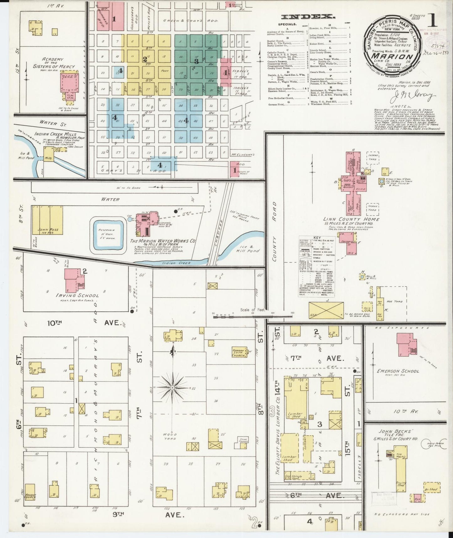 Sanborn Fire Insurance Map from Marion, Linn County, Iowa (1893), Sheet #0001 - Historic Sanborn Fire Insurance Map Print