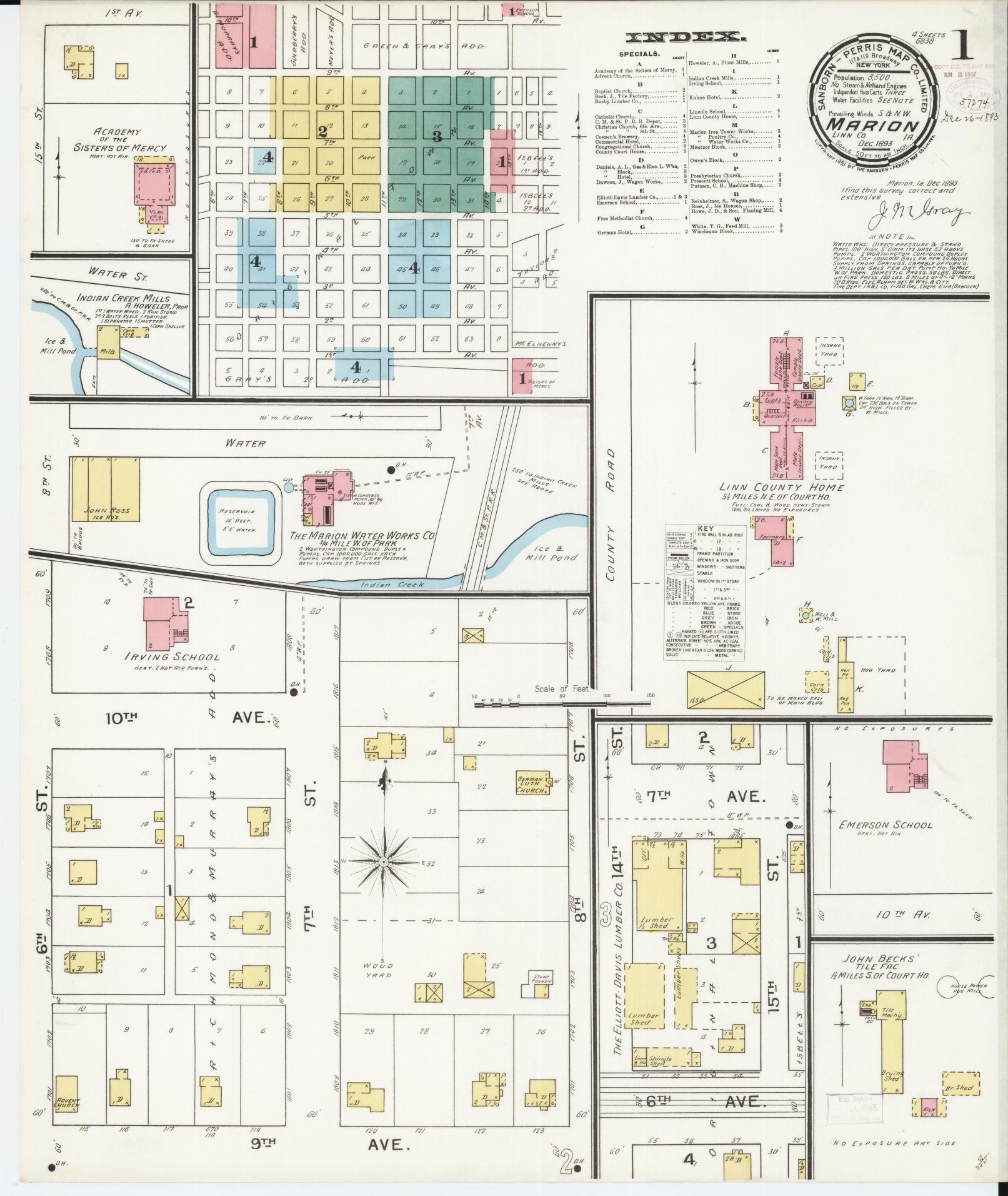 Sanborn Fire Insurance Map from Marion, Linn County, Iowa (1893), Sheet #0001 - Historic Sanborn Fire Insurance Map Print