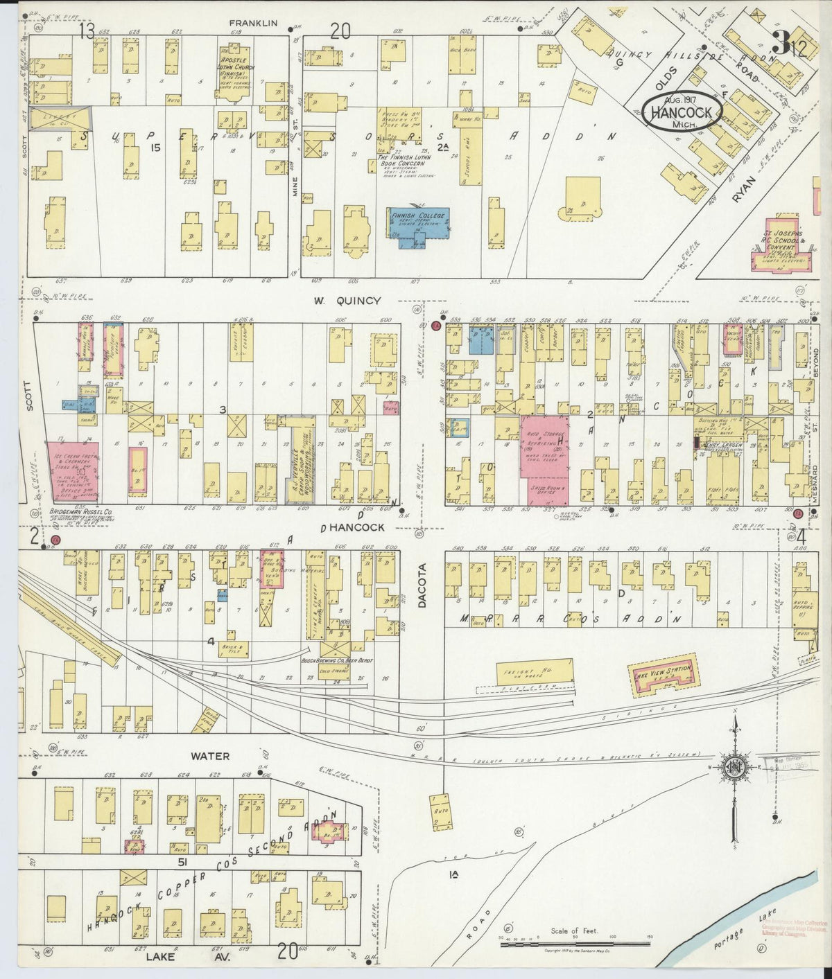 Sanborn Fire Insurance Map from Hancock, Houghton County, Michigan (1917), Sheet #0003 - Historic Sanborn Fire Insurance Map Print, vintage old map wall art, antique decor, genealogy gift, Michigan Michigan map