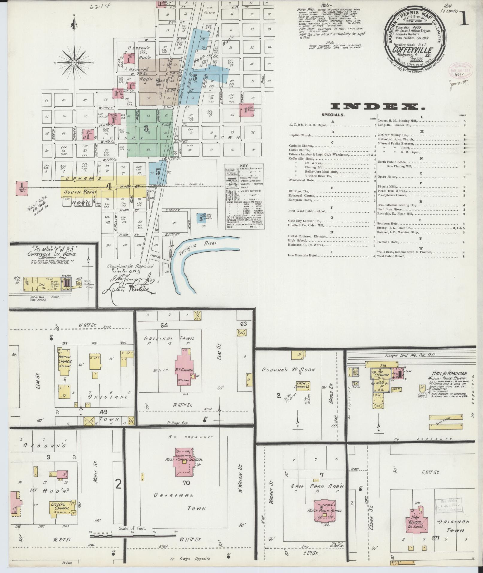 Sanborn Fire Insurance Map from Coffeyville, Montgomery County, Kansas (1896), Sheet #0001 - Complete Map Set gallery image, historic Sanborn map, vintage wall art, Kansas Kansas