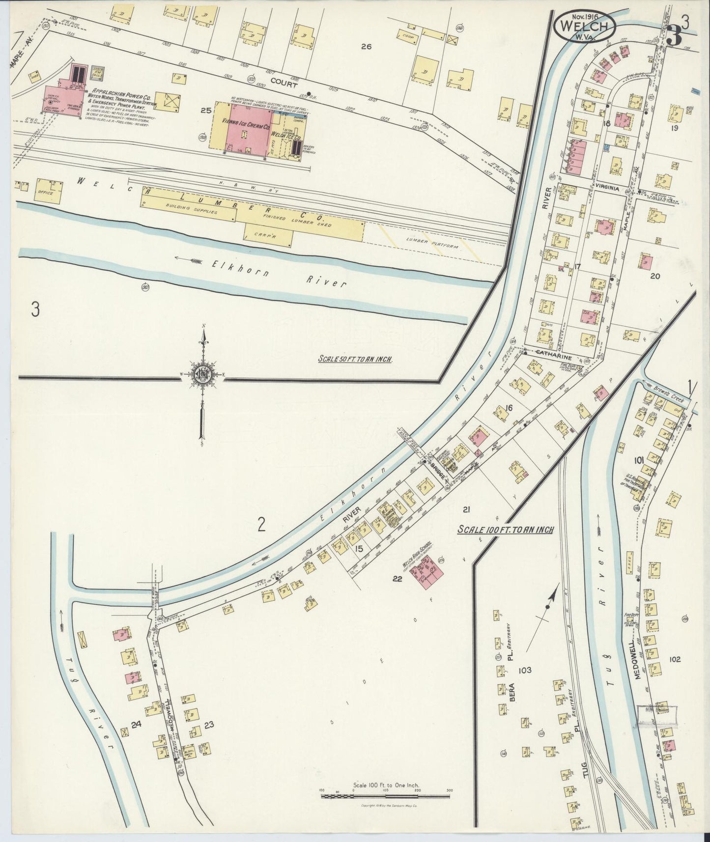 Sanborn Fire Insurance Map from Welch, Mcdowell County, West Virginia (1916), Sheet #0003 - Complete Map Set gallery image, historic Sanborn map, vintage wall art, West Virginia West Virginia
