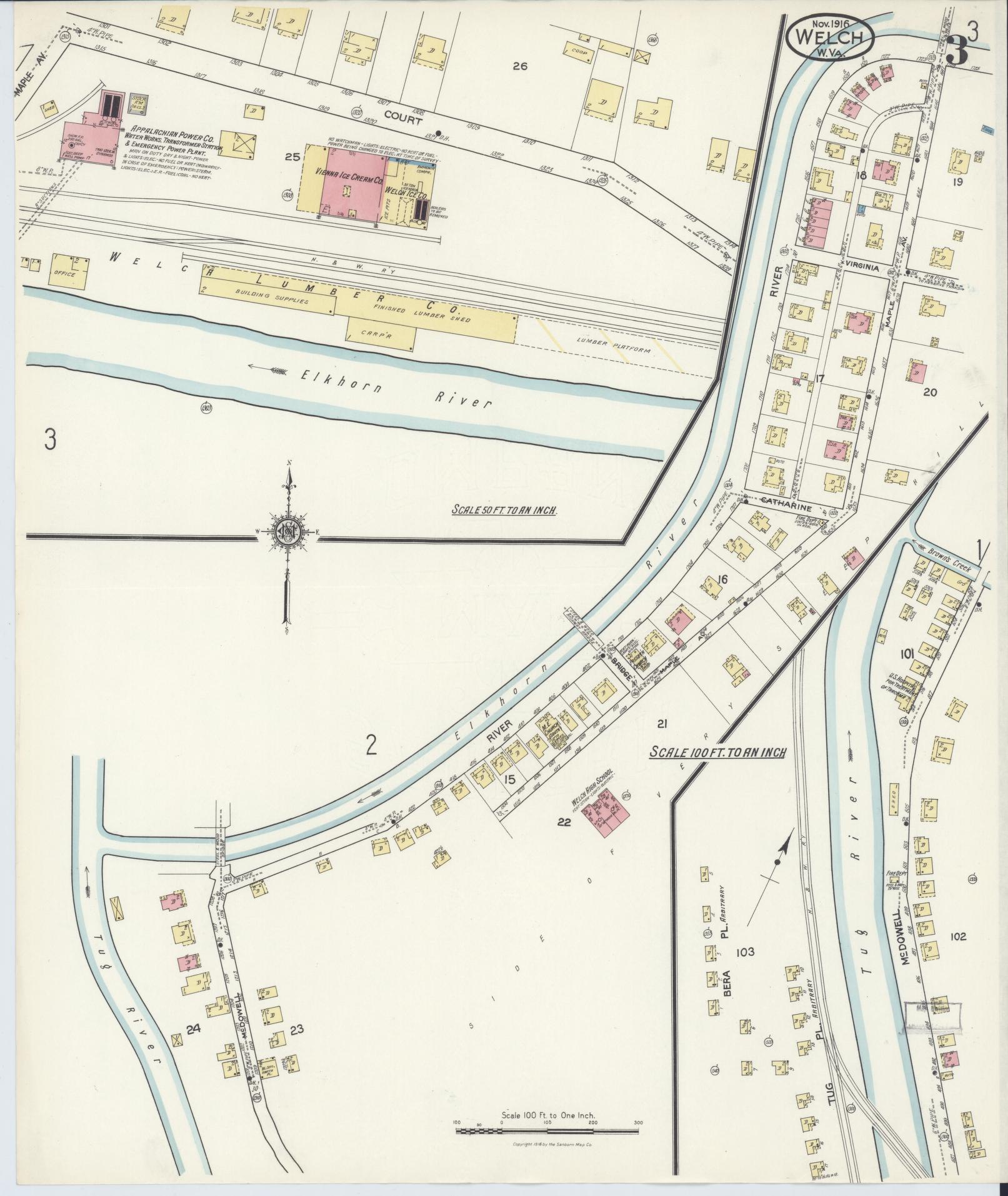 Sanborn Fire Insurance Map from Welch, Mcdowell County, West Virginia (1916), Sheet #0003 - Complete Map Set gallery image, historic Sanborn map, vintage wall art, West Virginia West Virginia