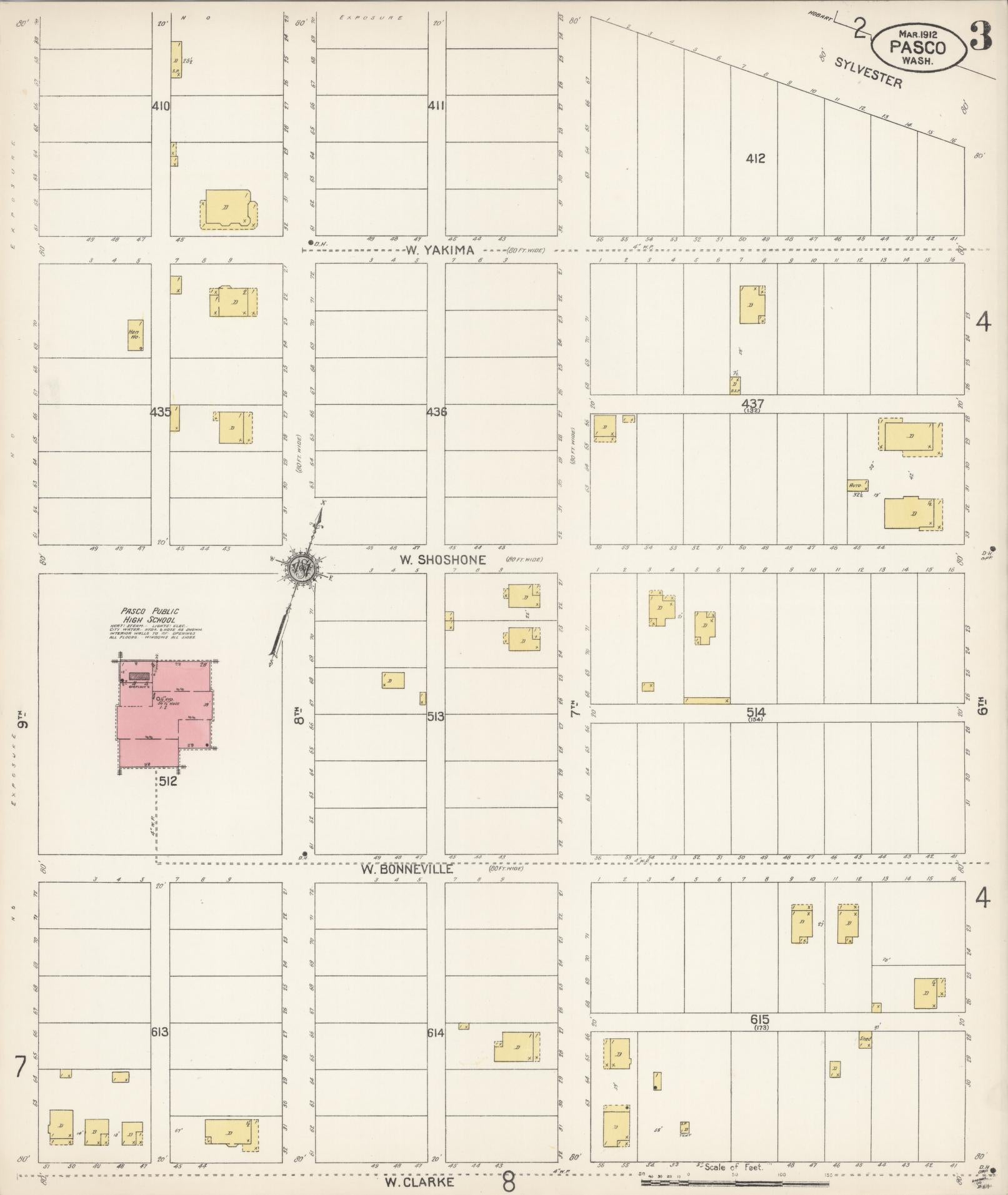 Sanborn Fire Insurance Map from Pasco, Franklin County, Washington (1912), Sheet #0003 - Complete Map Set gallery image, historic Sanborn map, vintage wall art, Washington Washington