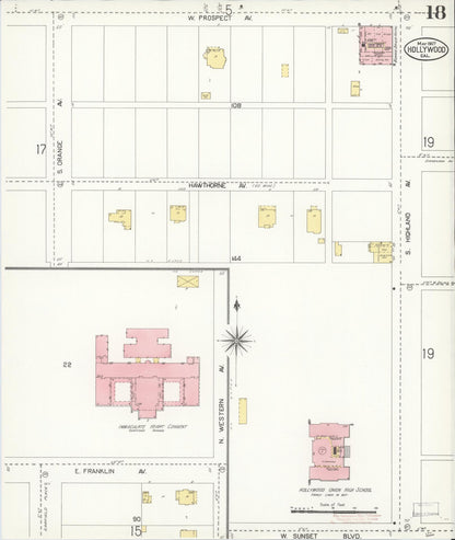 Sanborn Fire Insurance Map from Hollywood, Los Angeles County, California (1907), Sheet #0018 - Complete Map Set gallery image, historic Sanborn map, vintage wall art, California California