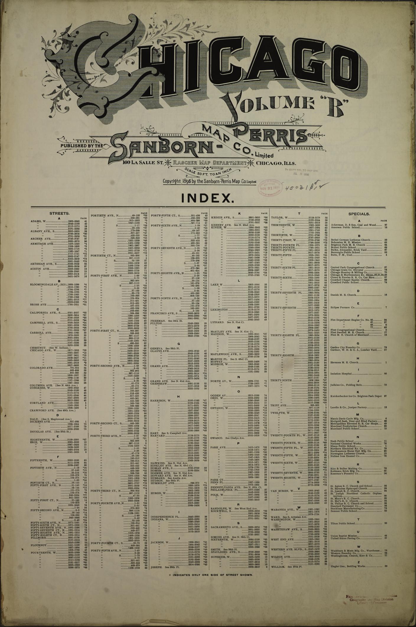 Sanborn Fire Insurance Map from Chicago, Cook County, Illinois. (1896), Sheet 1 – Historic Sanborn Fire Insurance Map Print
